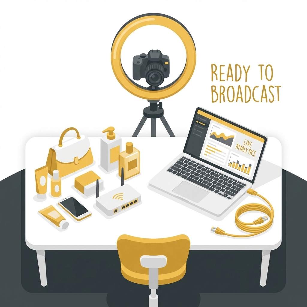 Bird’s eye view of a modern live shopping event setup with camera, lighting, and analytics dashboard