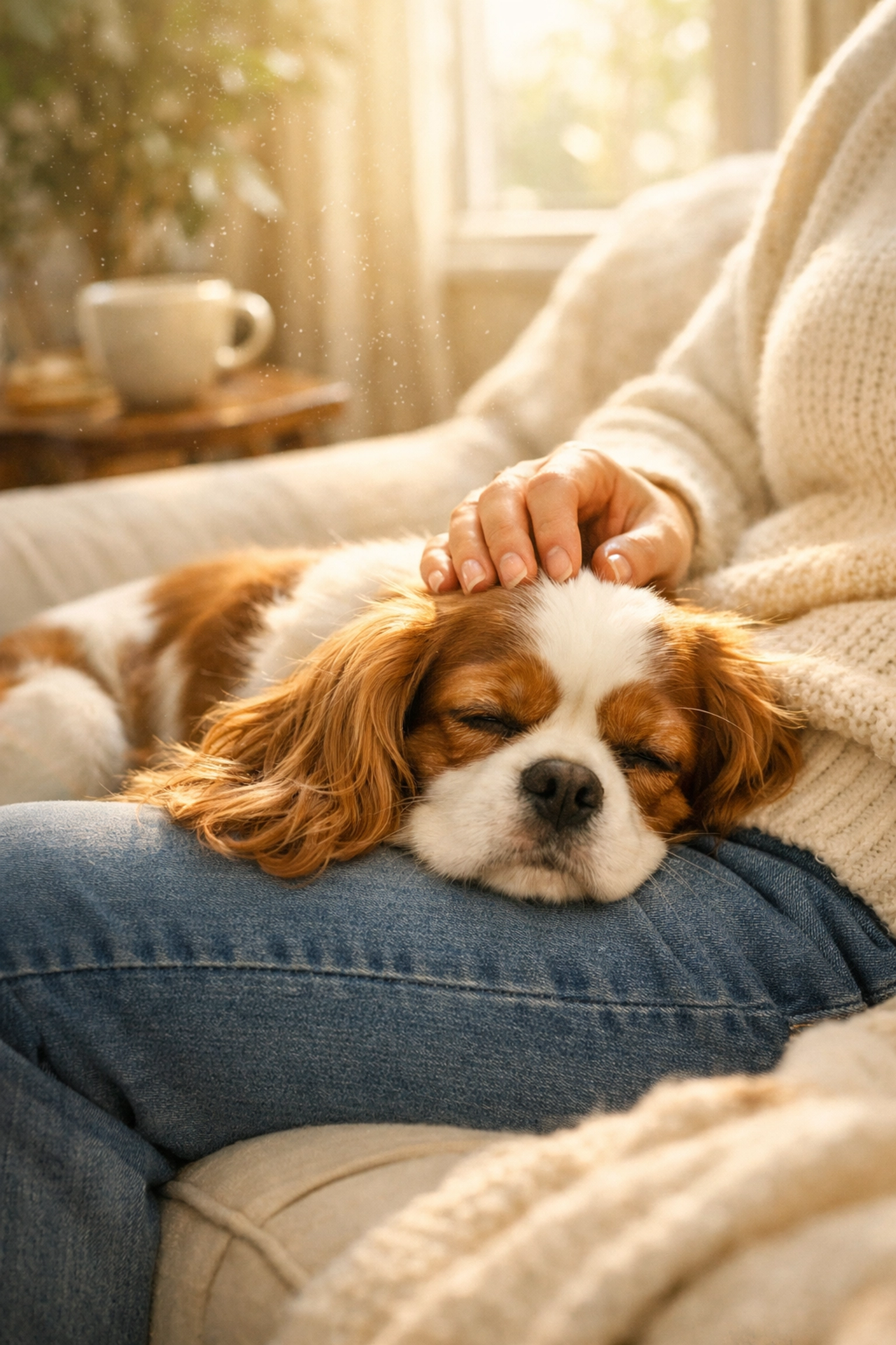 Blenheim Emotional Support Dog Cavalier King Charles resting on a companion's lap in a sunlit home.