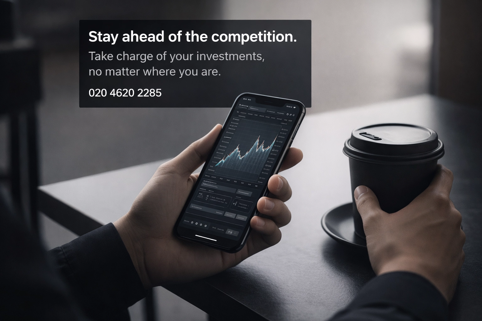 Bold minimal lifestyle scene with a person using their phone in a simple, high-end setting.