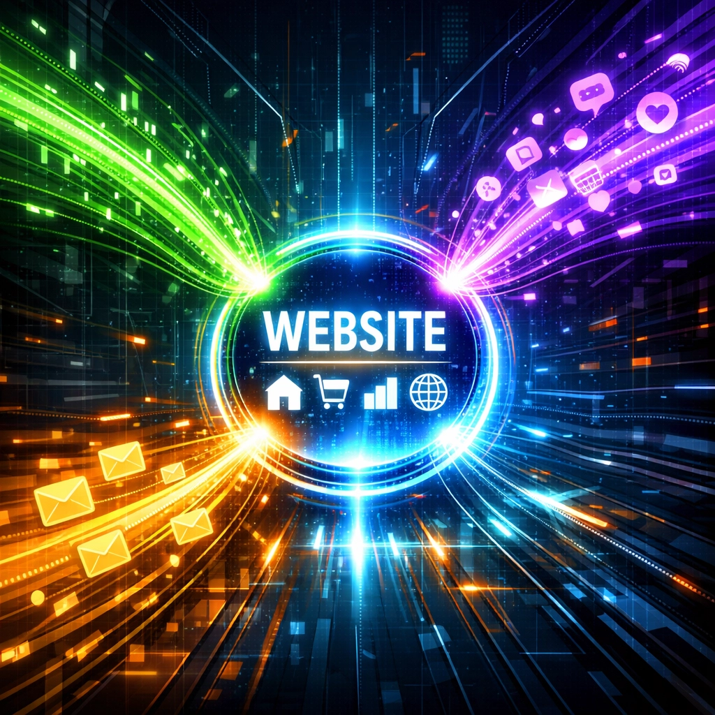 Multiple digital traffic sources flowing into a website hub to boost affiliate sales.