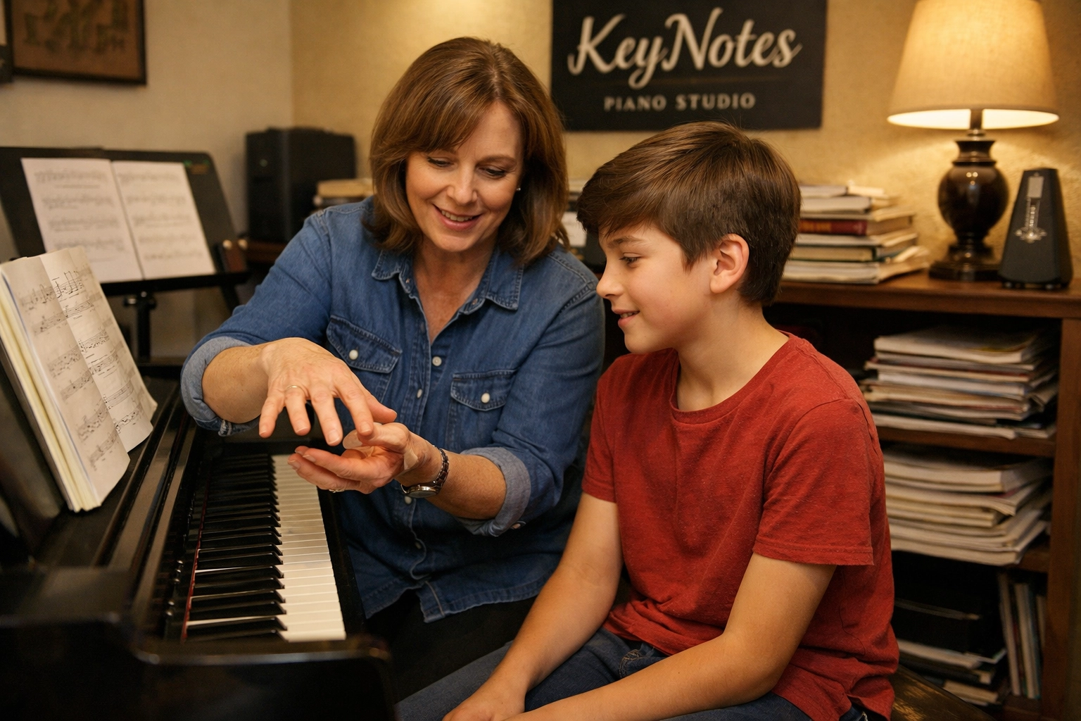 Piano instructor demonstrating hand technique to a student during in-person music lessons Tallahassee.