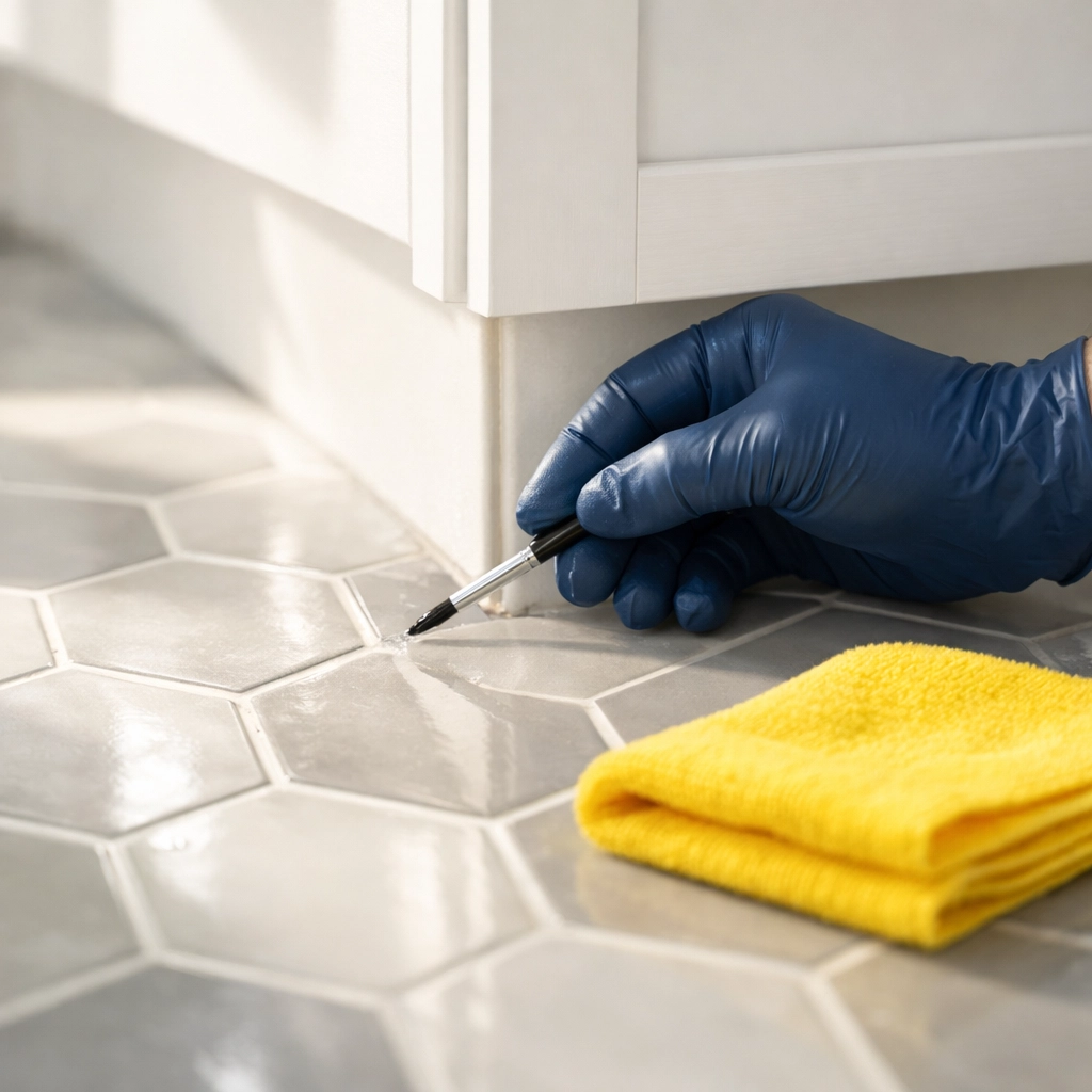 Professional spot testing of cleaning solution on hexagonal bathroom tile grout.