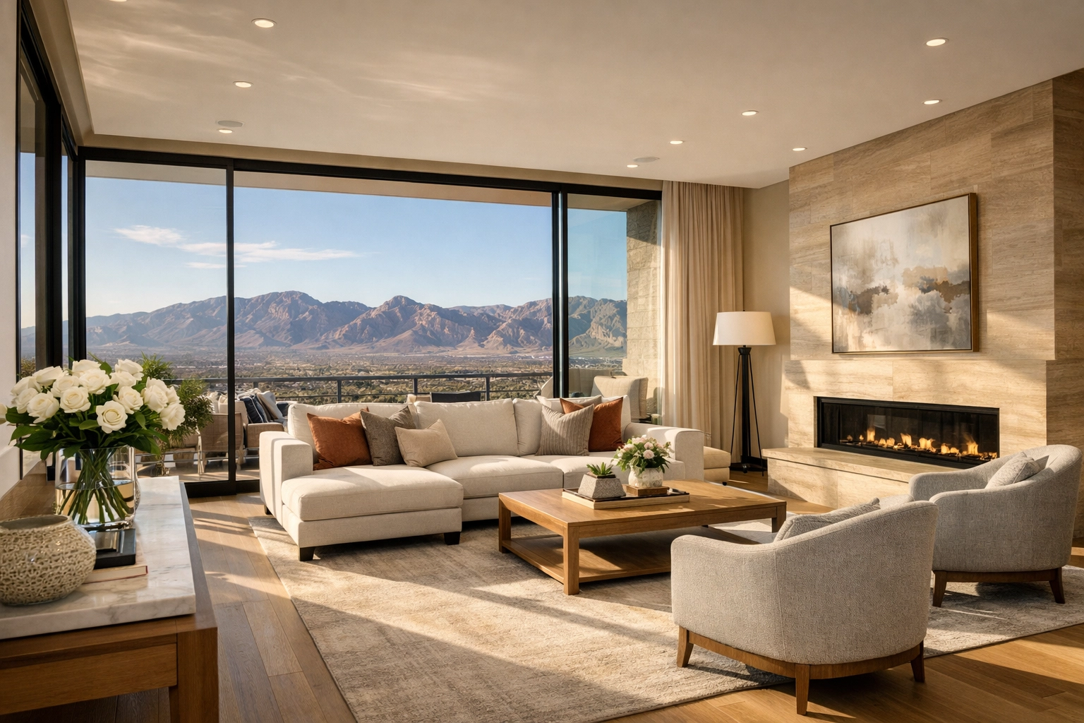Professionally staged Las Vegas living room with mountain views and modern furniture