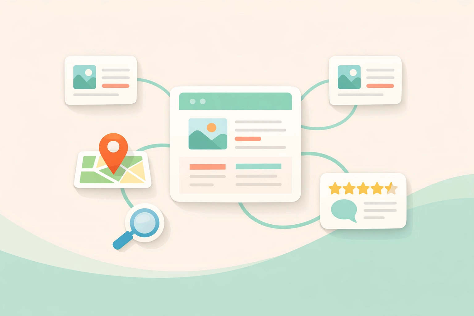 Diagram showing a business website connected to local directories and map listings for Venice SEO consistency.