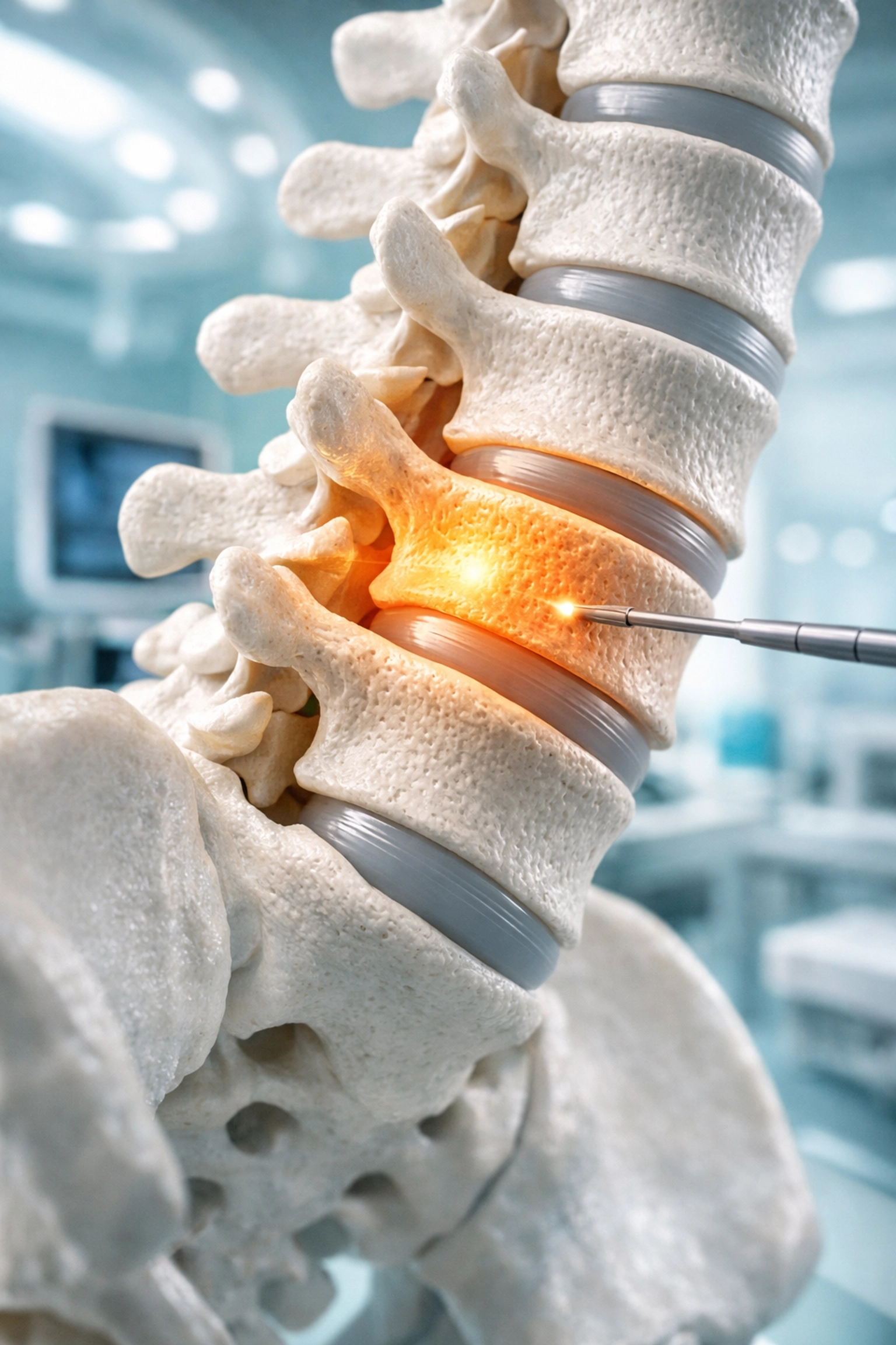 Targeted non-surgical pain relief on a human lumbar spine for patients at a pain management clinic near me.