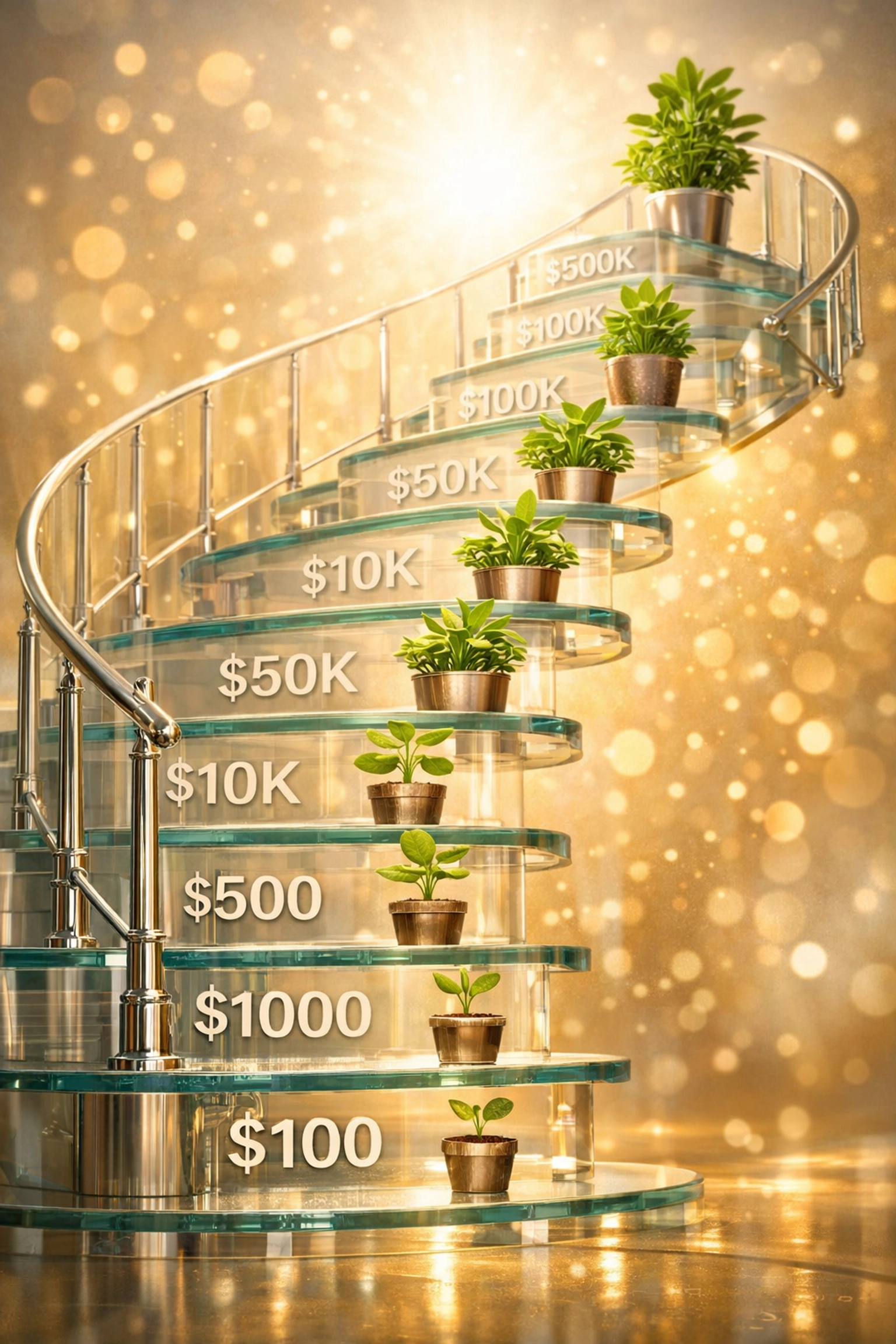 Ascending staircase visualizing compound interest growth in long-term wealth building