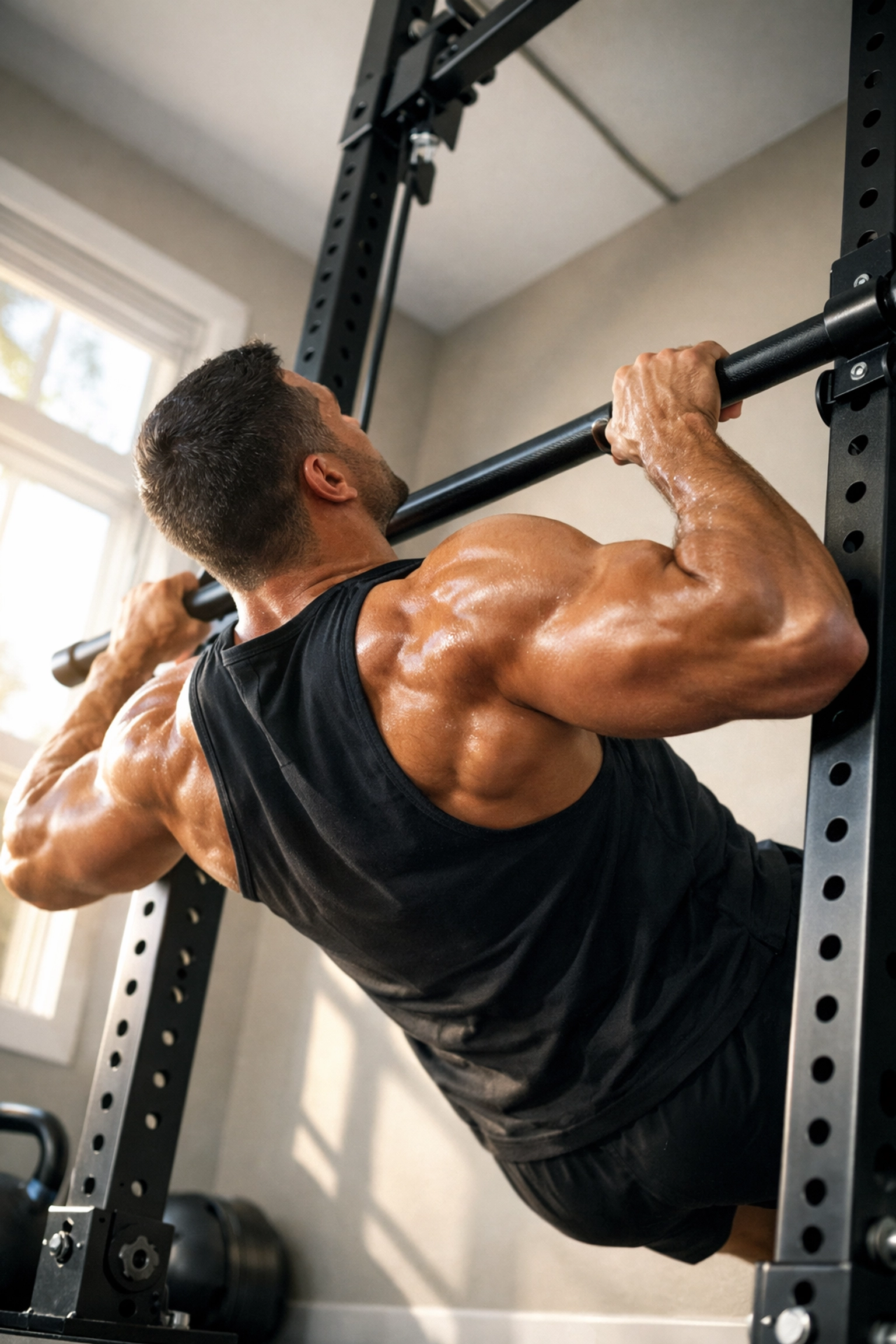 Athlete doing inverted rows for a full body workout at home using a versatile resistance training rail.