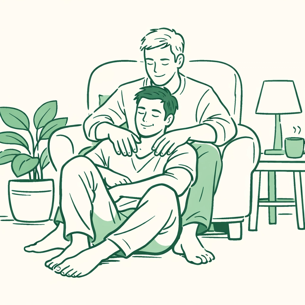Illustration of a male couple embracing at home, reflecting the radical generosity and safety of chosen family.