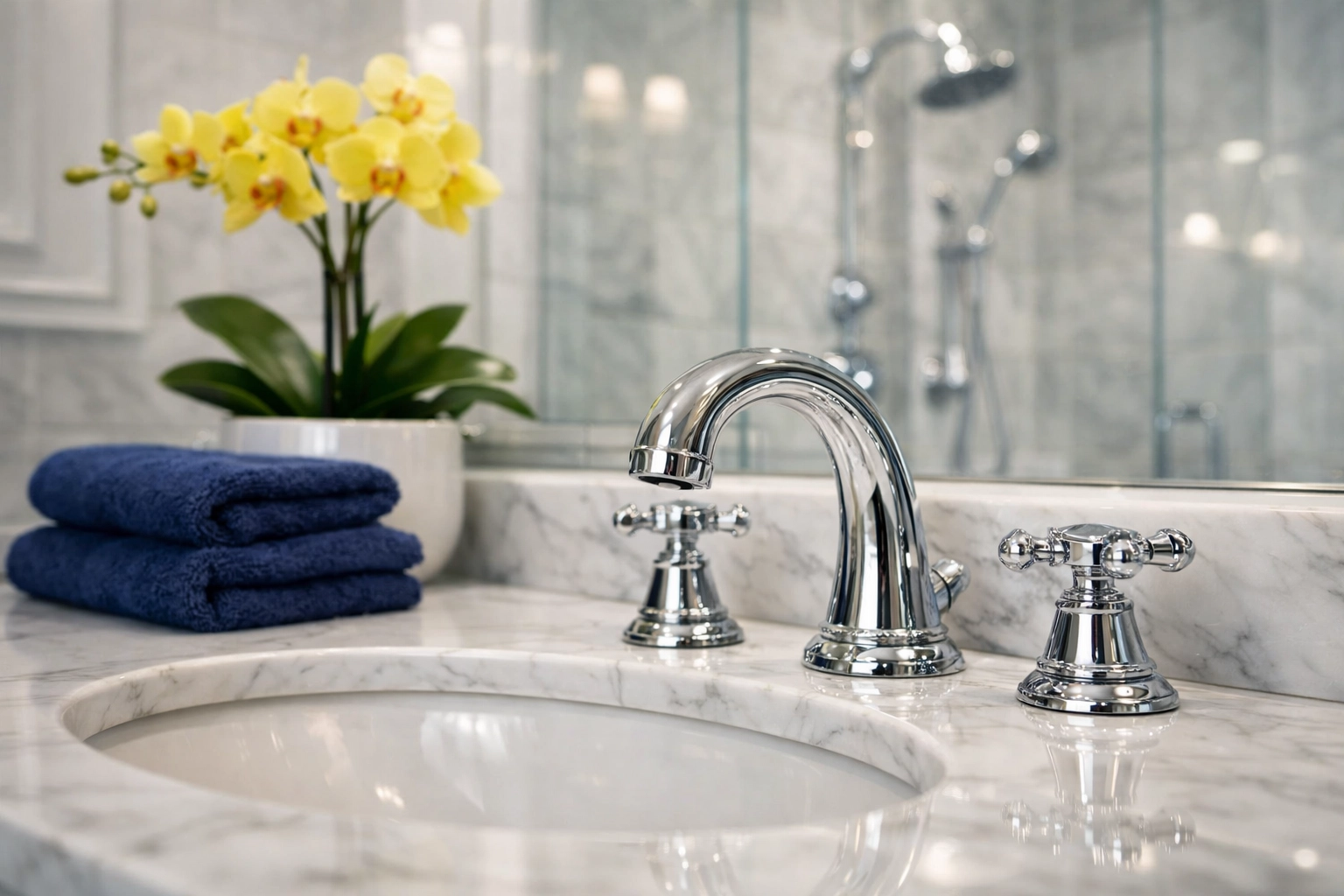 Sparkling luxury bathroom vanity in Worcester MA highlighting professional deep cleaning results.