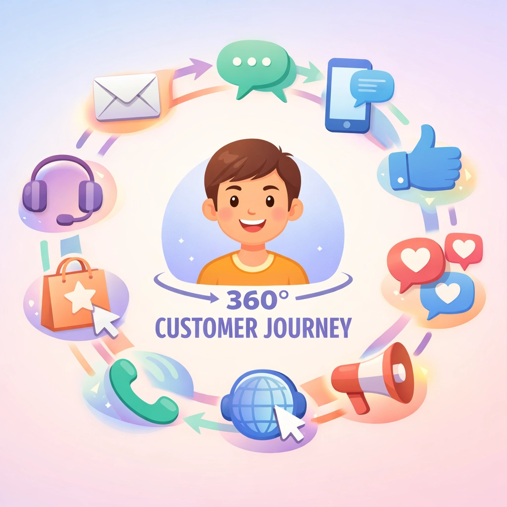 Customer journey visualization showing unified touchpoints across email, chat, and social media