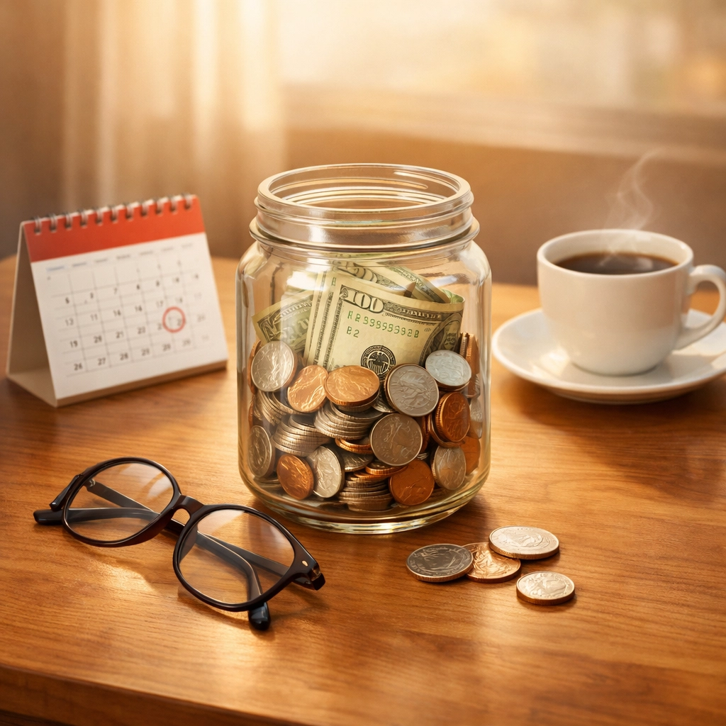 Savings jar with coins and bills representing retirement savings planning