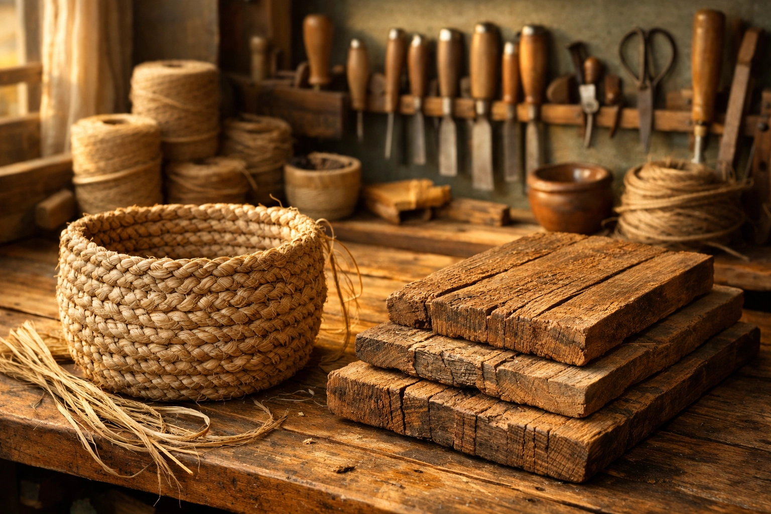 Rustic artisan workbench with a handcrafted seagrass basket and traditional woodworking tools.