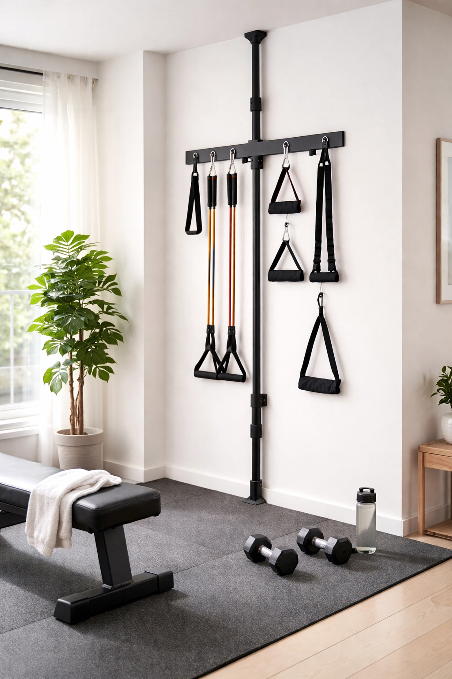 Modern home gym corner with floor-to-ceiling tension rail system and resistance bands for calisthenics