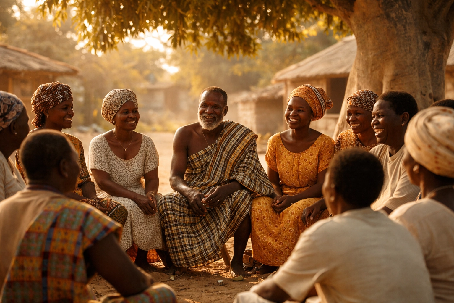 Ghanaian community gathered in a welcoming circle under a baobab tree, celebrating hospitality and unity