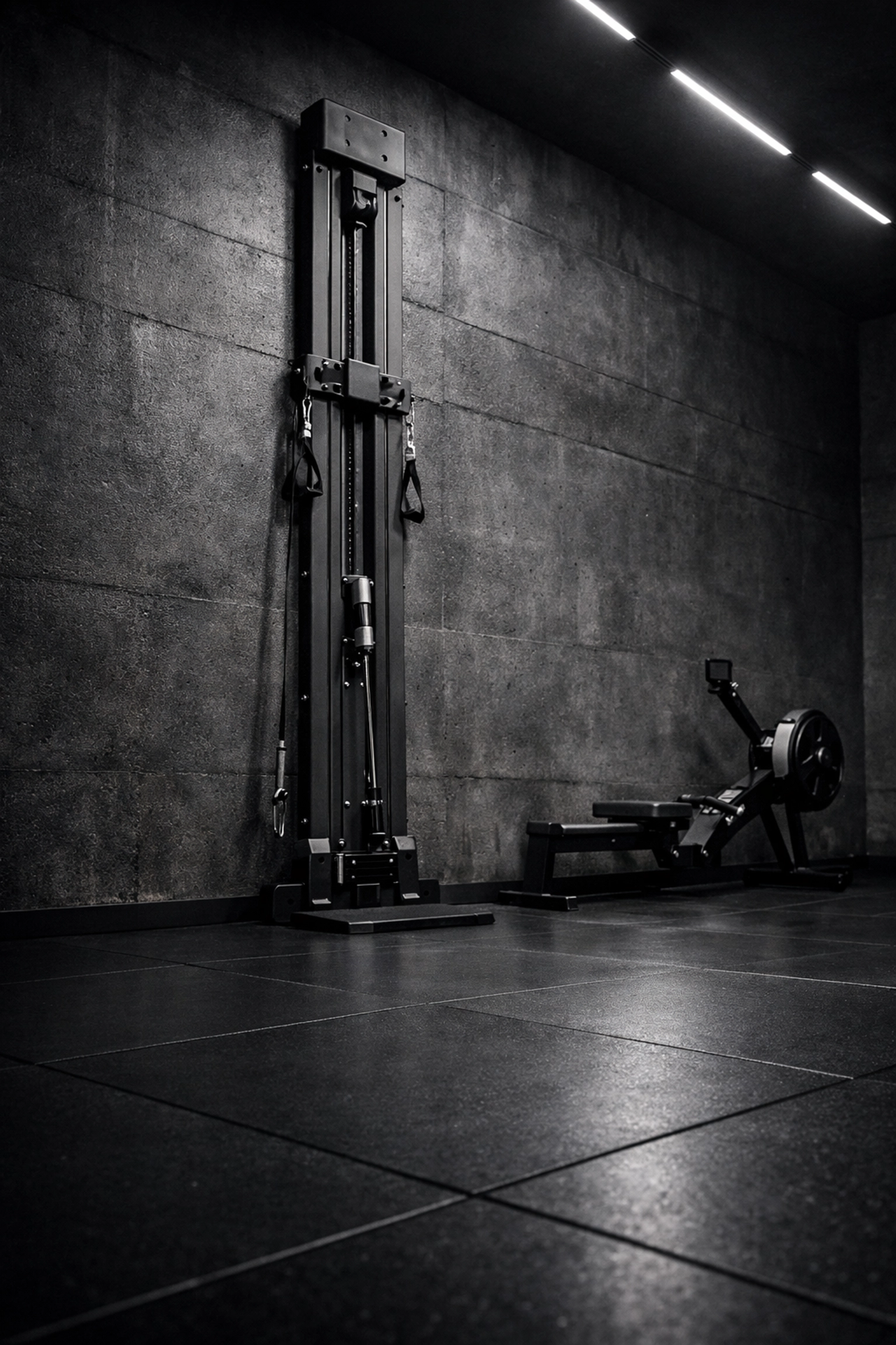 Vertical floor to ceiling gym setup featuring the Resistance Rail no wall damage workout system.