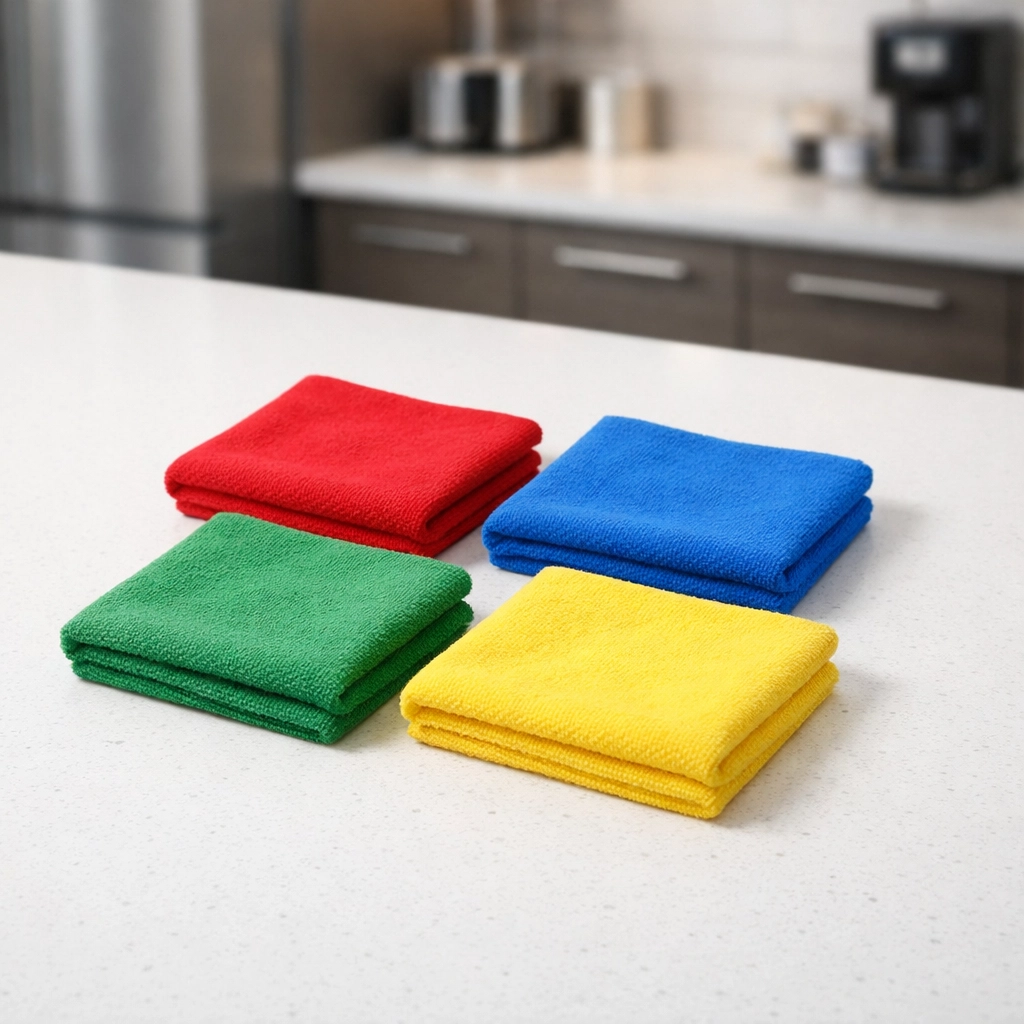 Color-coded microfiber cleaning cloths on a quartz counter to prevent cross-contamination in a Detroit office.