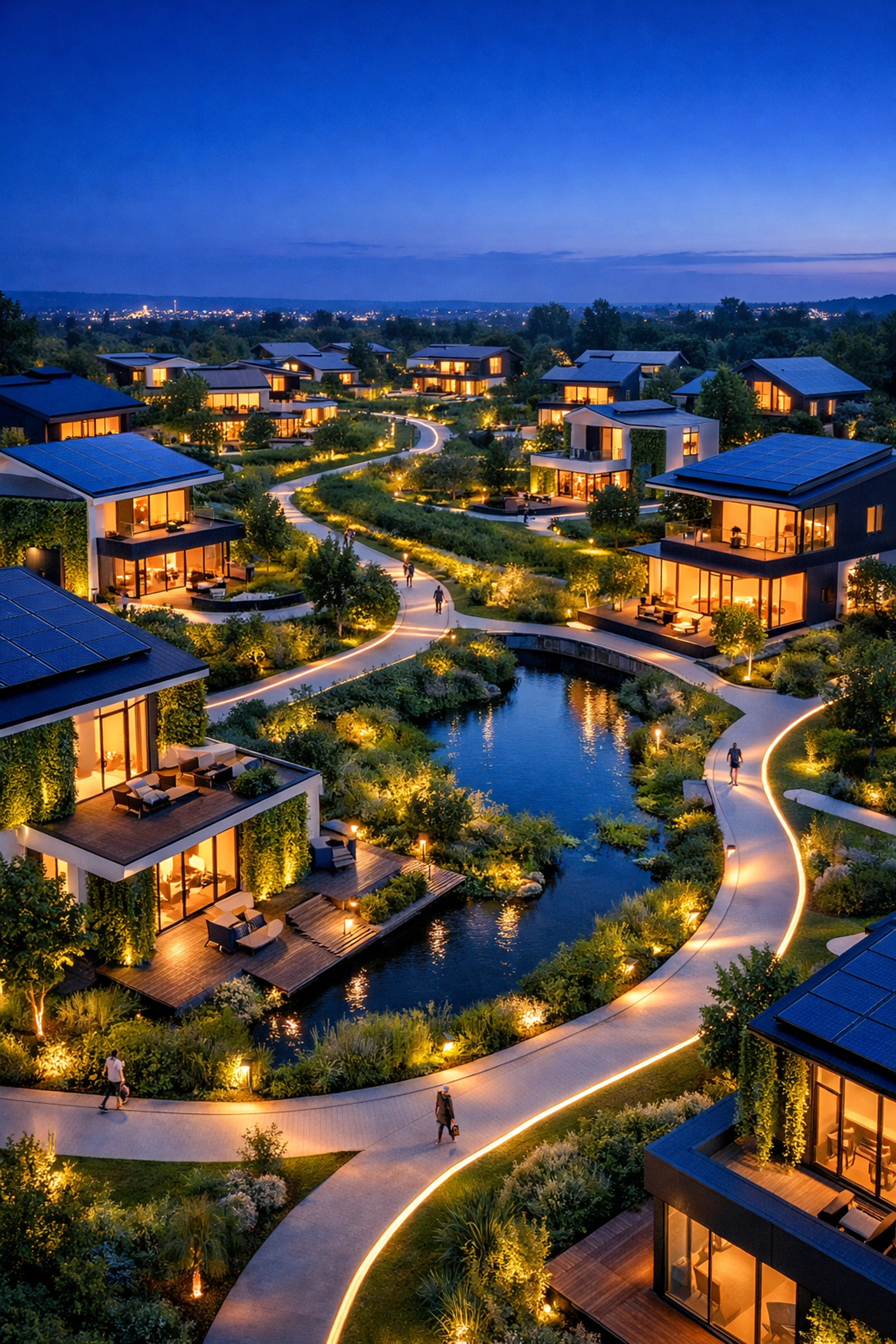 Modern sustainable suburban housing development with solar roofs and green belts in 2026.