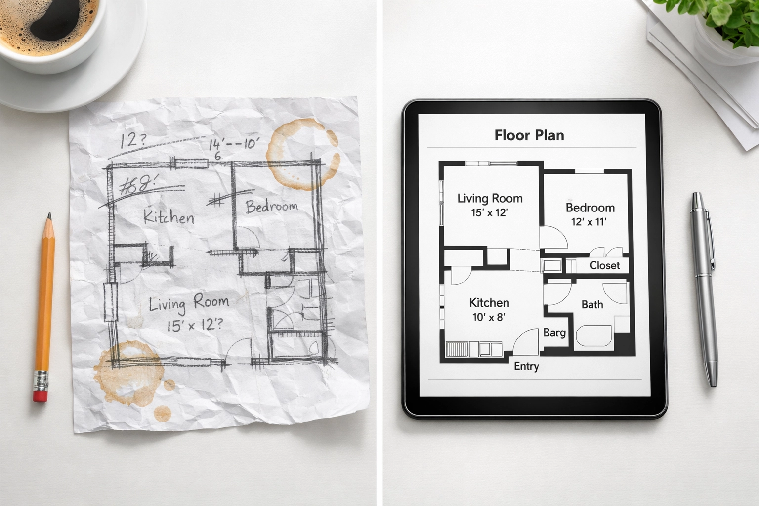 Rough hand-drawn floor plan vs laser-measured digital floor plan for real estate
