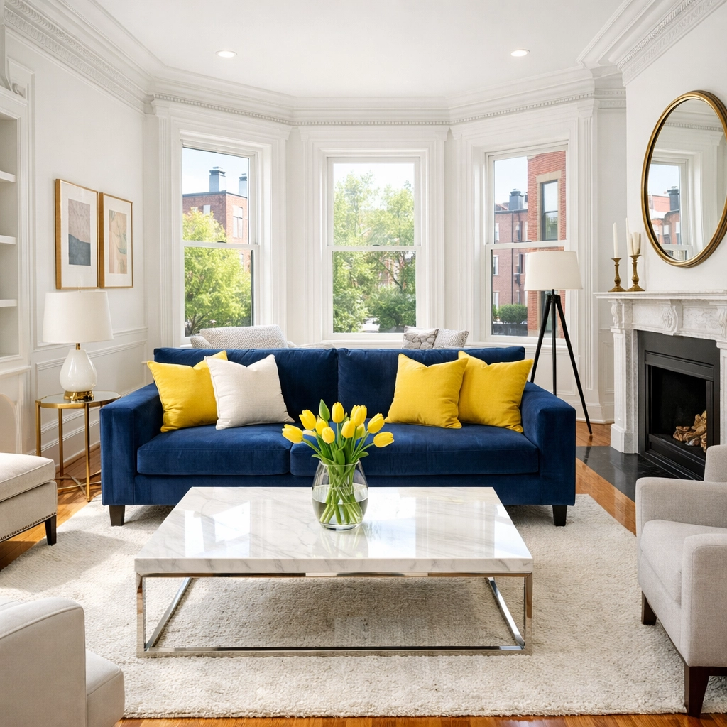 Staged luxury living room in a Boston brownstone representing elite Airbnb Cleaning Services Boston.