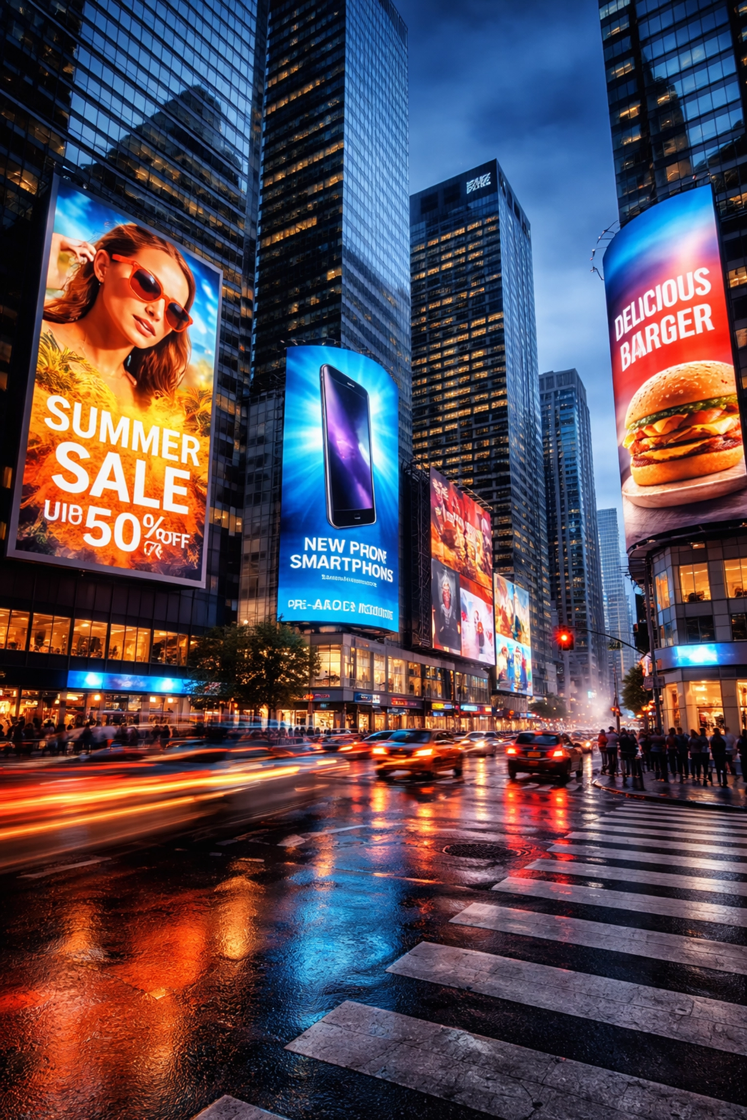 Urban cityscape at dusk with digital billboards showcasing out-of-home advertising in a busy downtown area.