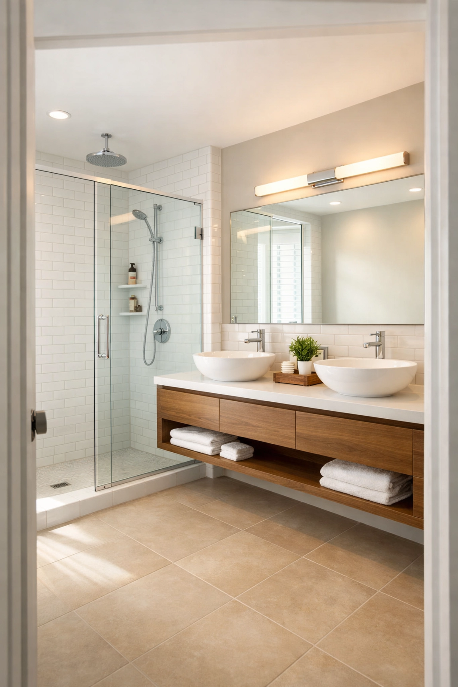Modern bathroom remodel with subway tile shower and double vanity in Central Ohio