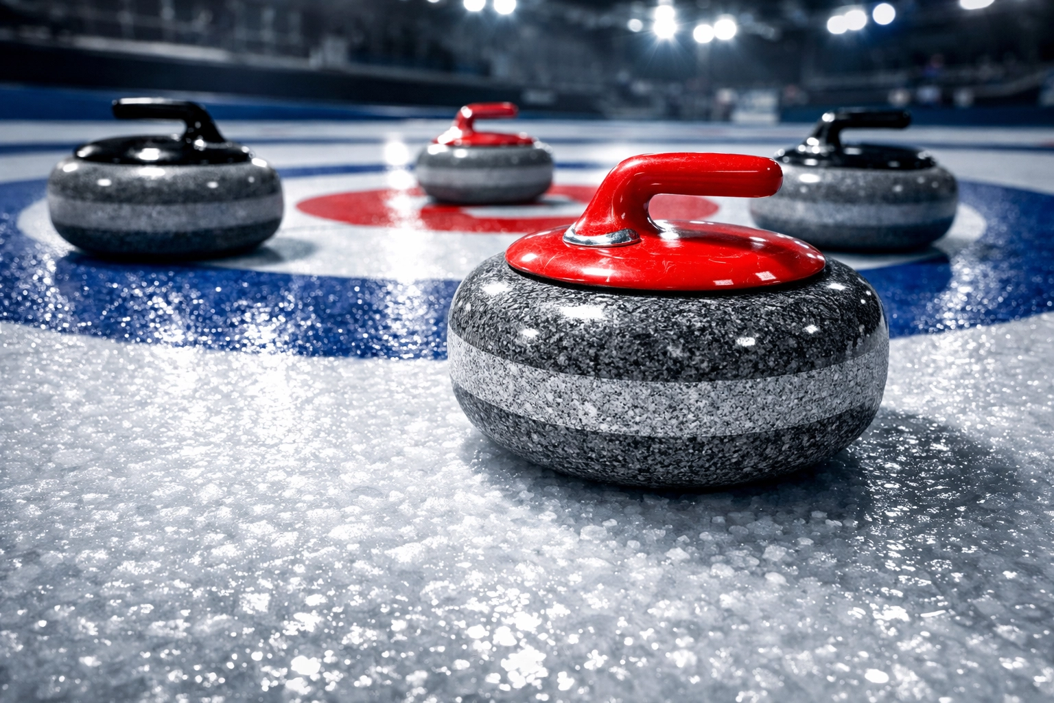 Curling stones on ice during Canada's winning streak at 2026 Winter Olympics