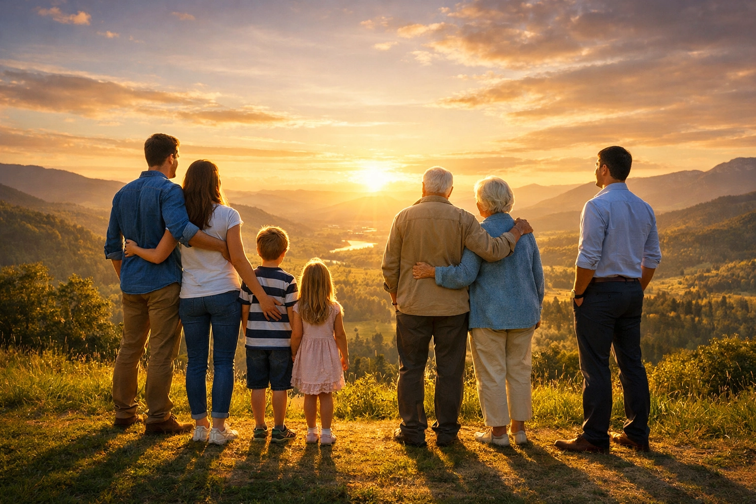 Diverse believers standing together on a sunlit hill, representing Boundless Online Church as a living temple.