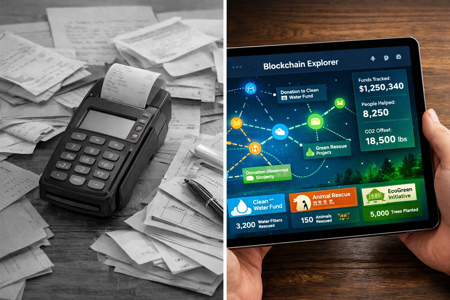 Traditional payment terminal versus Larecoin blockchain transaction tracking interface