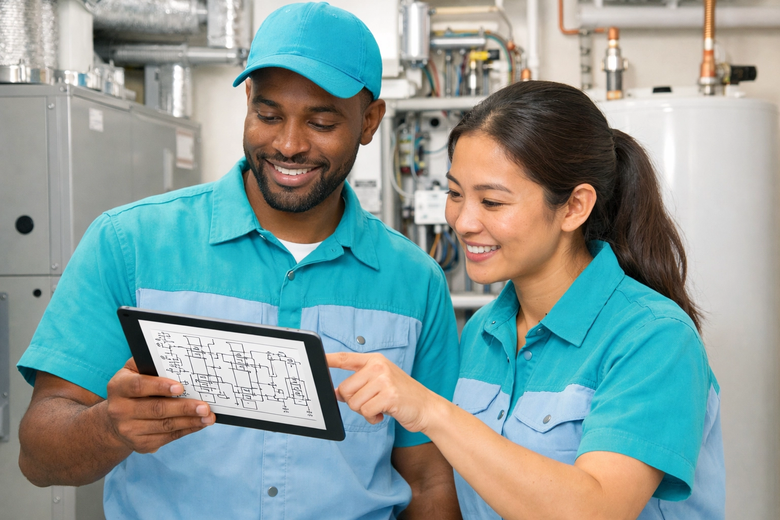 Licensed technicians reviewing smart home schematics for a professional electrical panel upgrade in Florida.