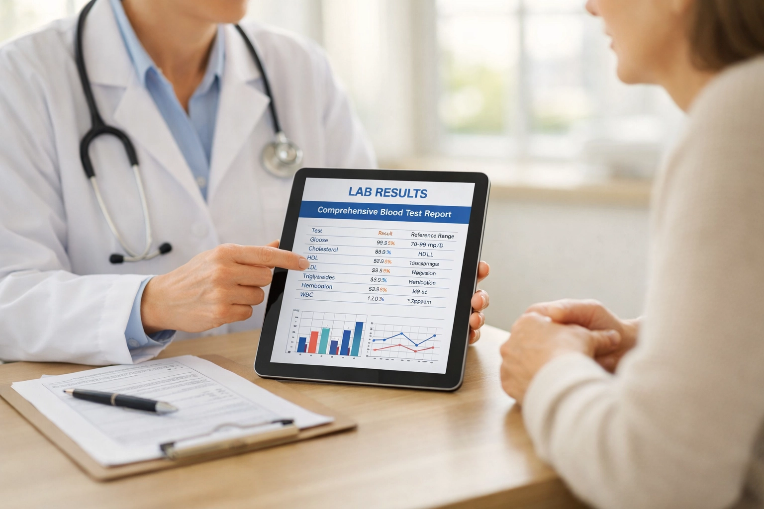 Licensed medical provider reviewing diagnostic lab results during peptide therapy consultation