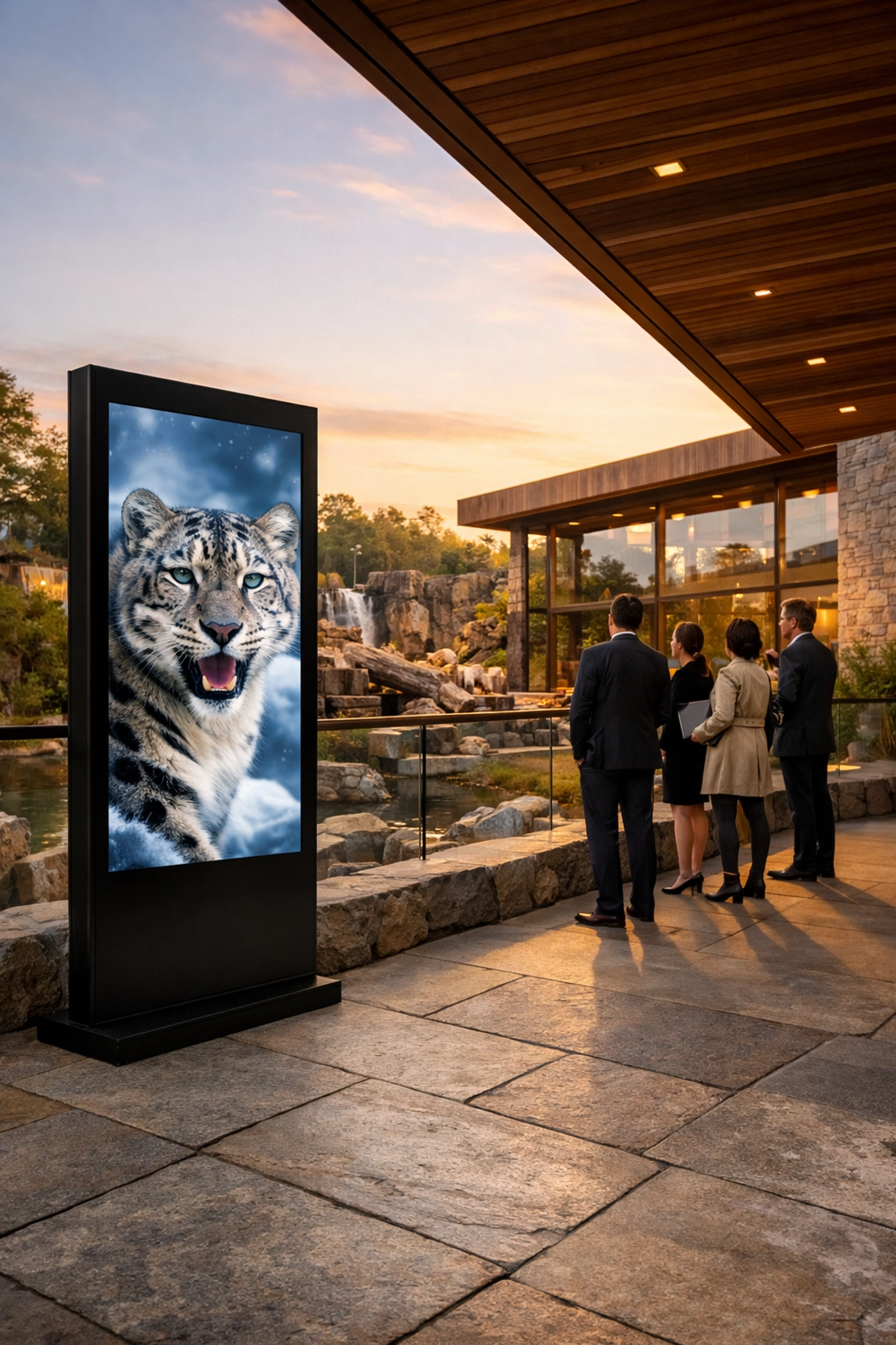 Modern digital advertising display at a zoo exhibit reaching a high-dwell-time audience of media buyers.