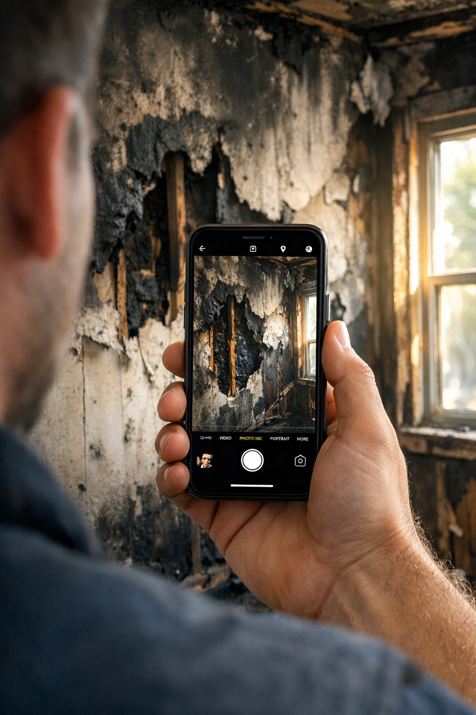 Homeowner documenting fire damage with smartphone for insurance claim