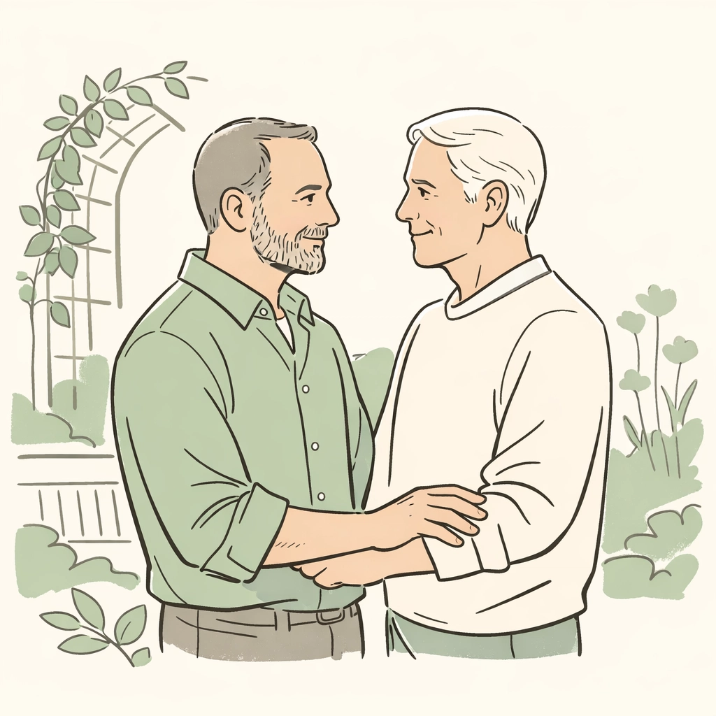 Two mature men in a garden, reflecting the journey of coming out later in life and finding love.
