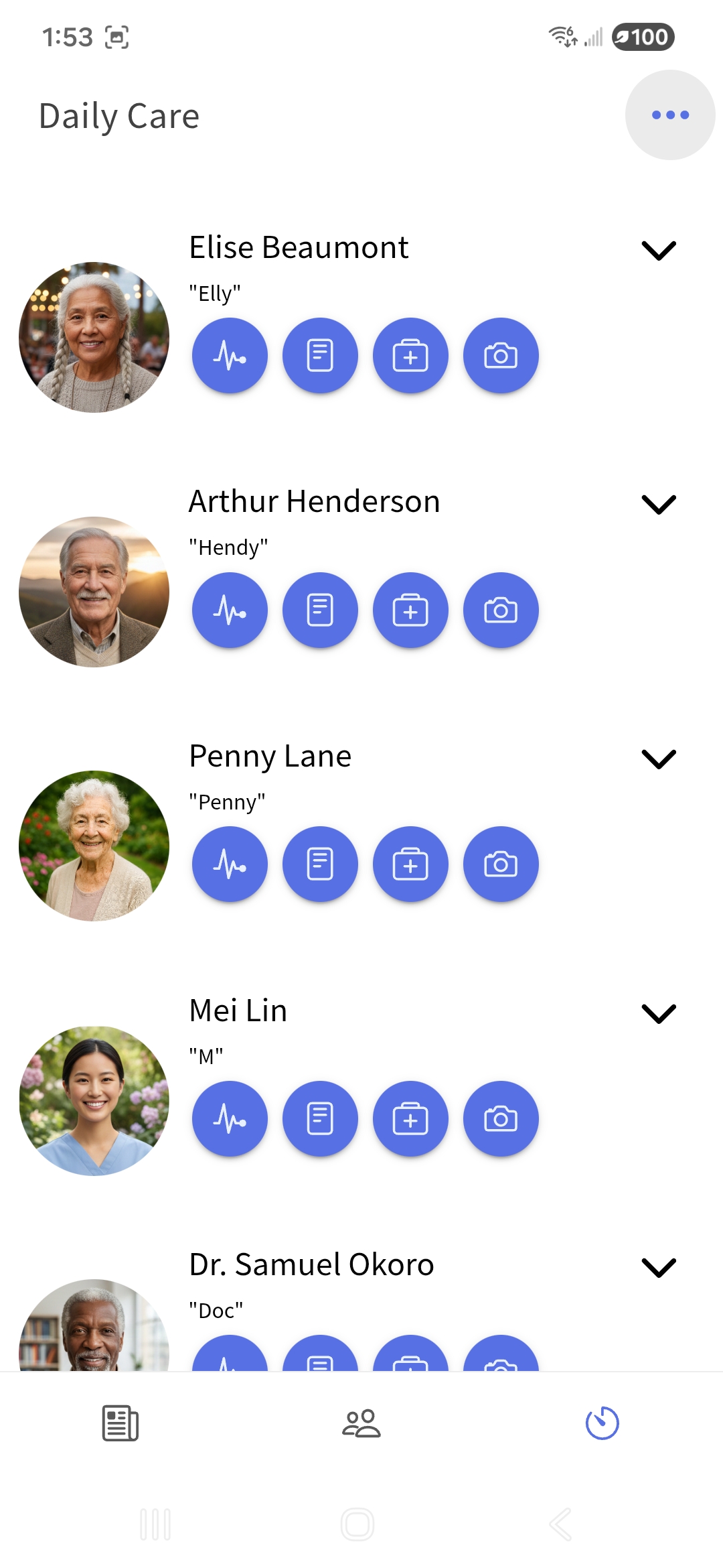 CaresFor Daily Care Screen Screenshot of the CaresFor app's Daily Care screen showing a list of care recipients with names, photos, and quick-access icons for health updates, notes, medication, and photos, allowing caregivers and families to manage and monitor daily care activities in real time.