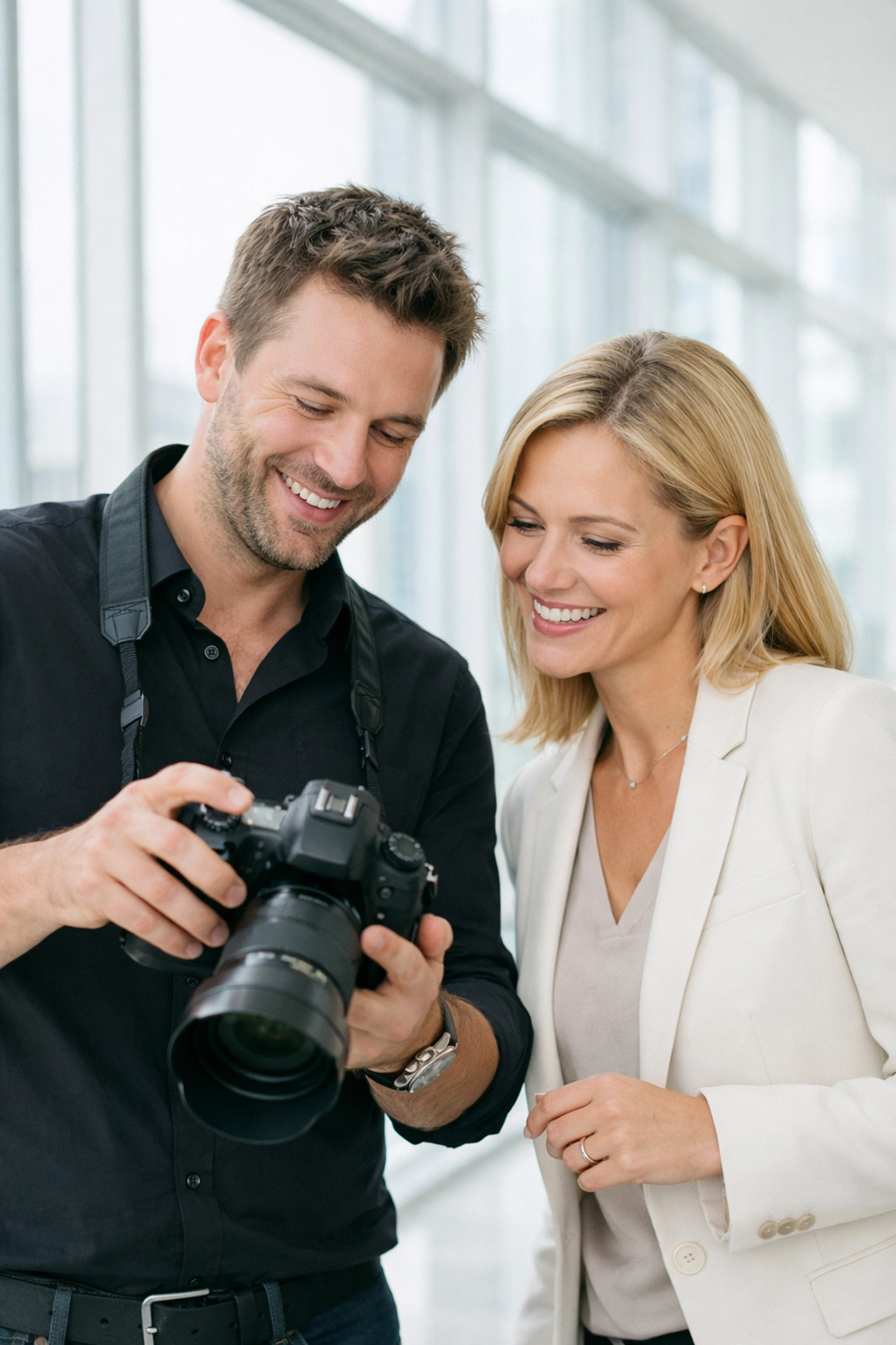 Professional photographer and client discussing photos during a high-end photography booking experience.