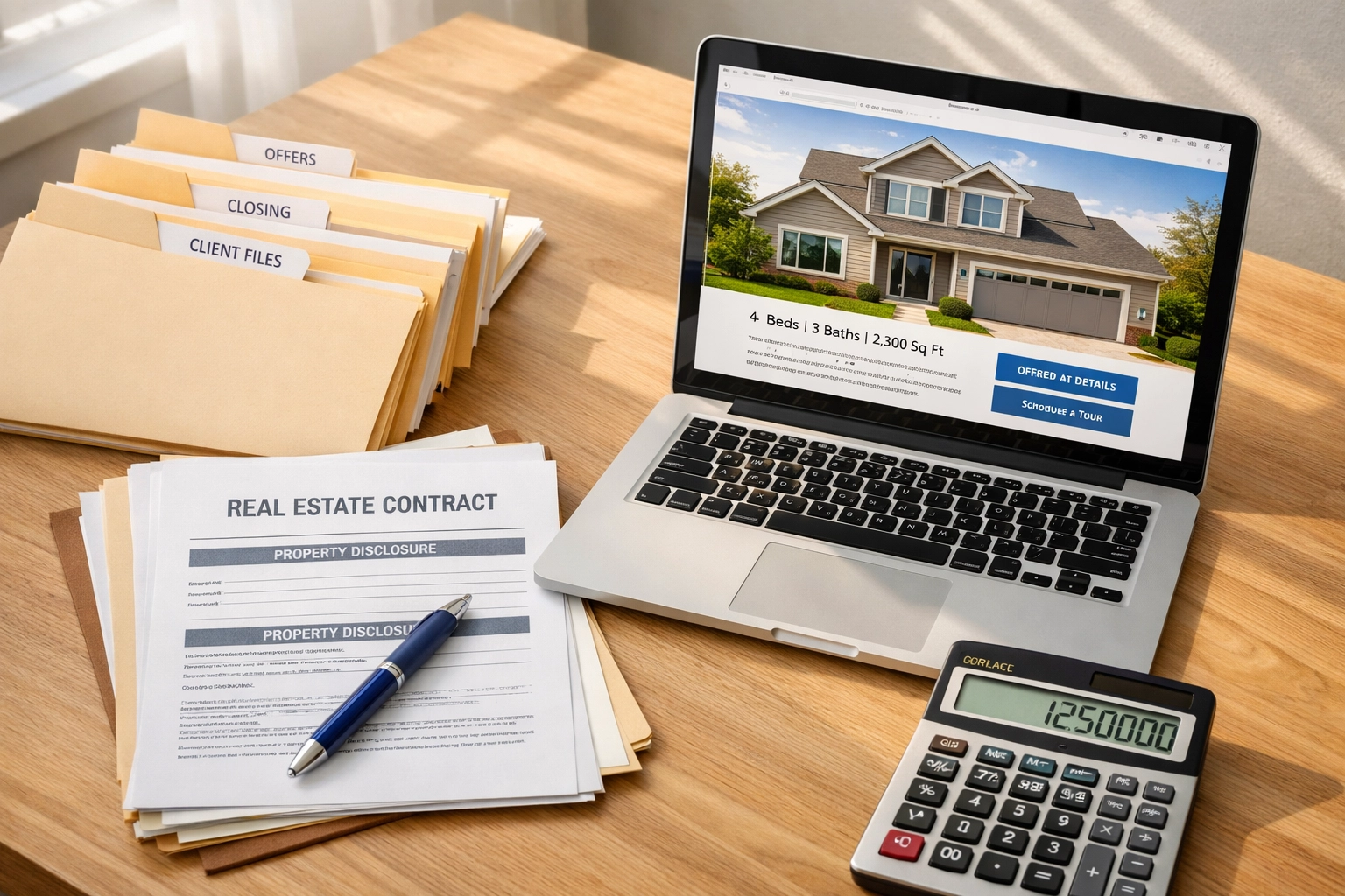 Organized FSBO home sale documents on desk with laptop and folders for seller paperwork management