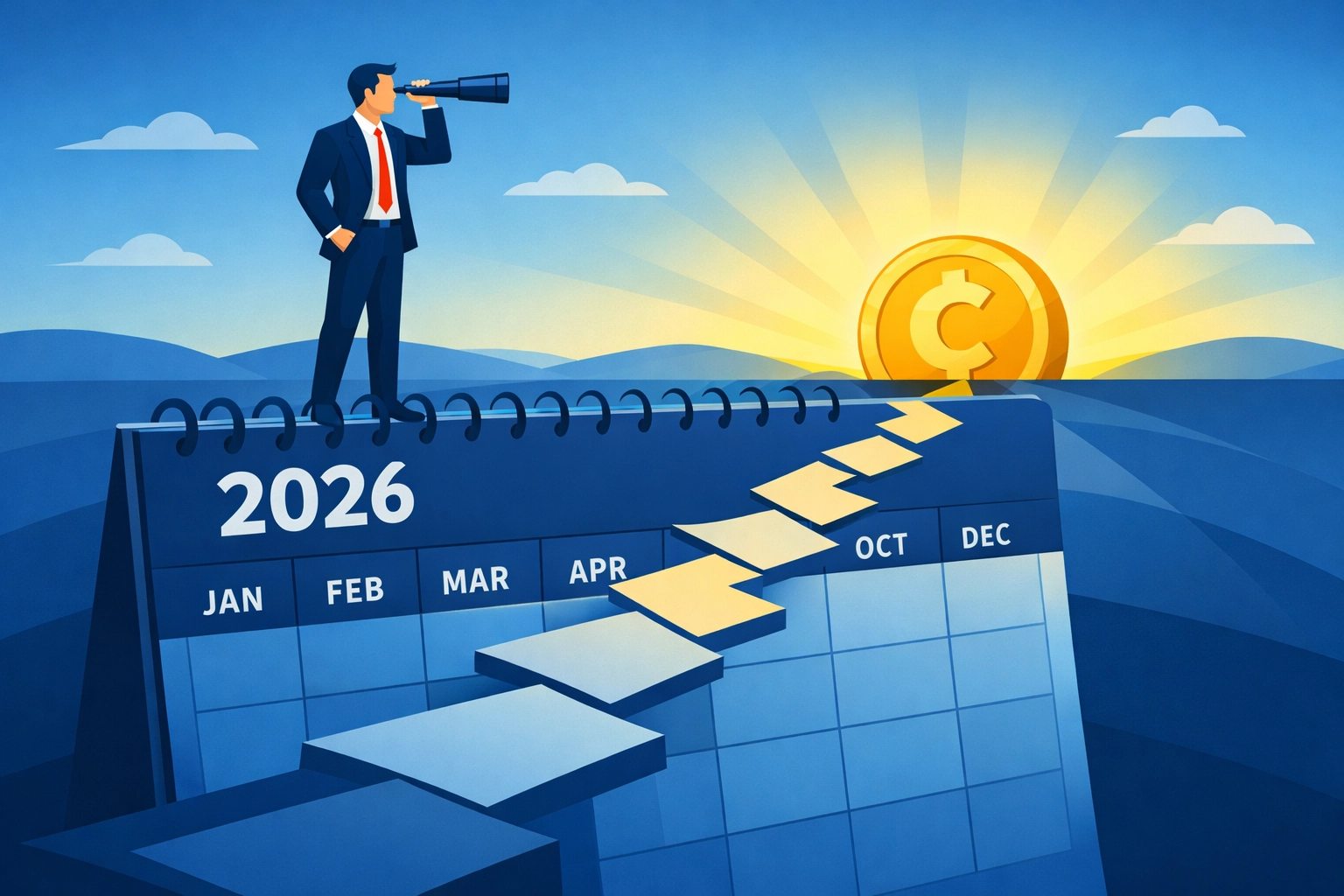 Professional using a telescope on a 2026 calendar to maximize tax refund through proactive concierge planning.