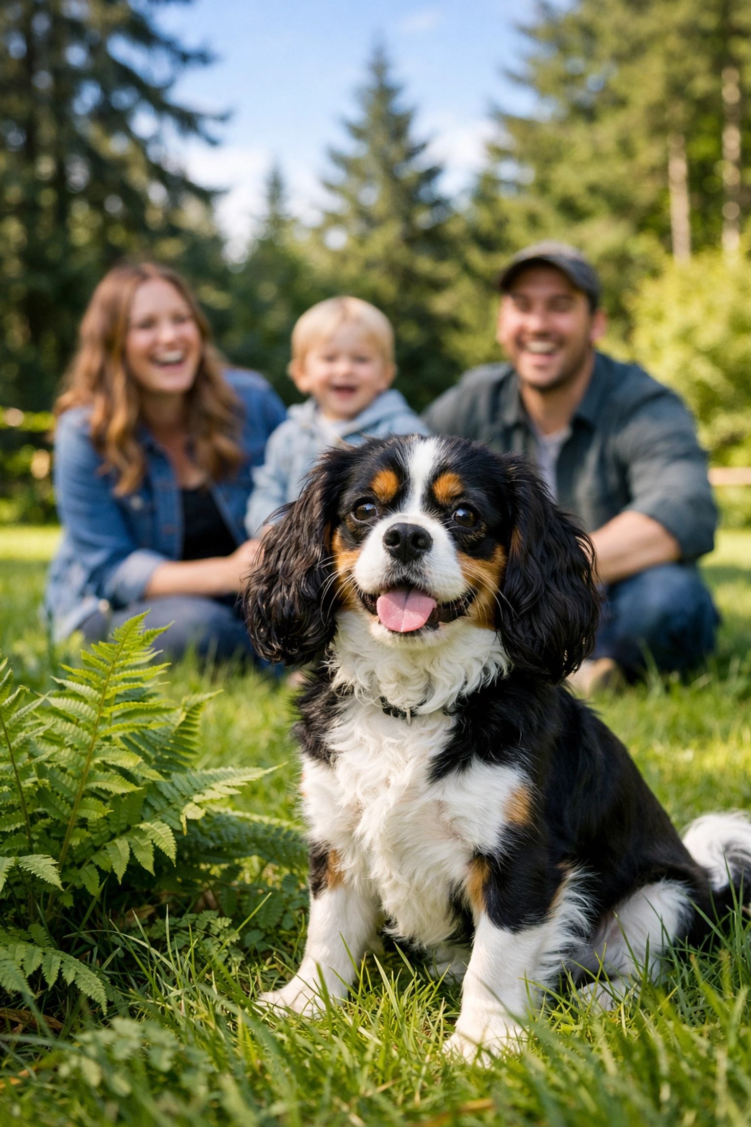 An AKC Cavalier King Charles Spaniel puppy playing in a green backyard with a family in Boring, Oregon.