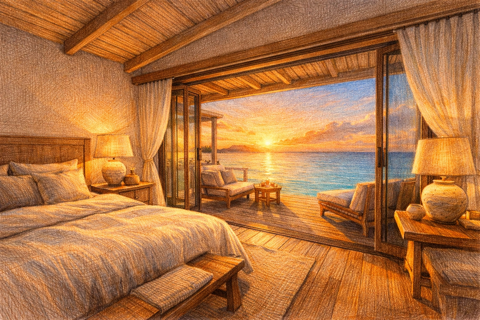 Sustainable hotel architecture in a quiet luxury oceanfront suite with natural woods and sunset balcony.