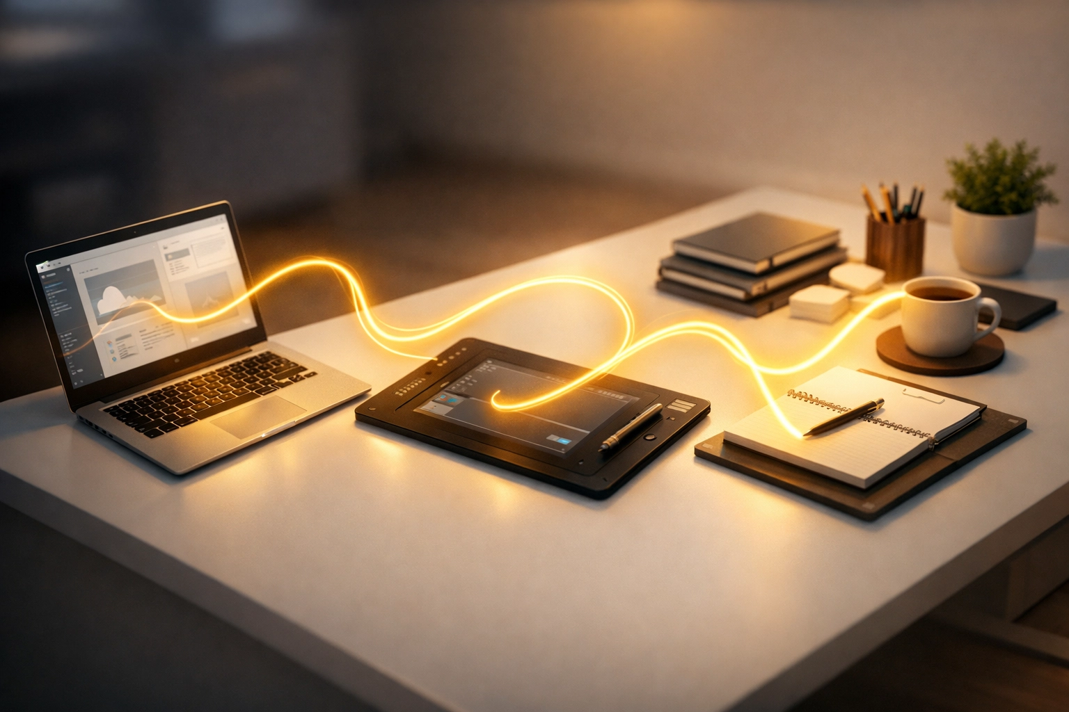 A glowing path connecting digital devices on a desk, representing a mapped and automated client onboarding workflow.