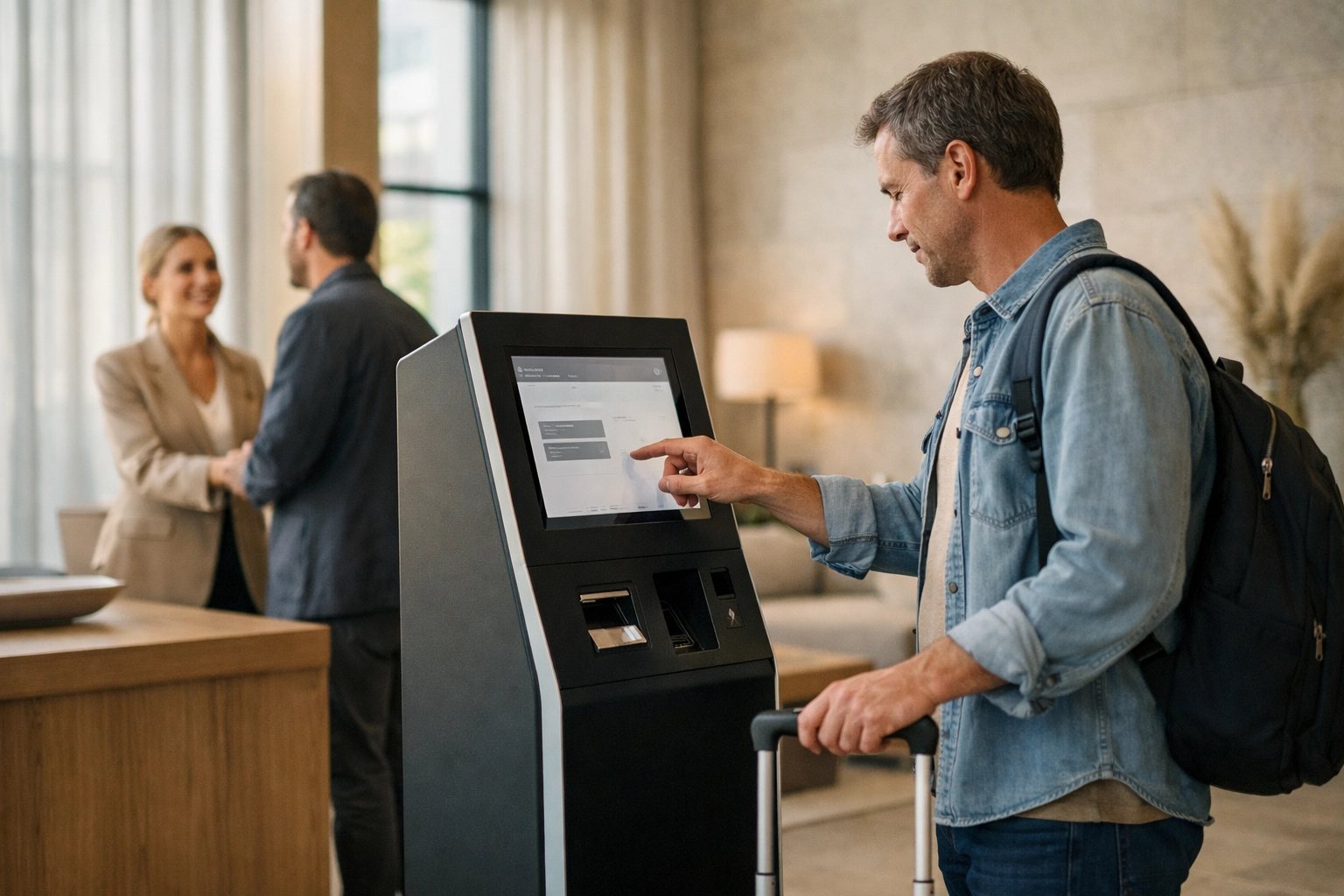 Guest using a sleek self-check-in kiosk in a modern hotel lobby, improving efficiency and guest experience.