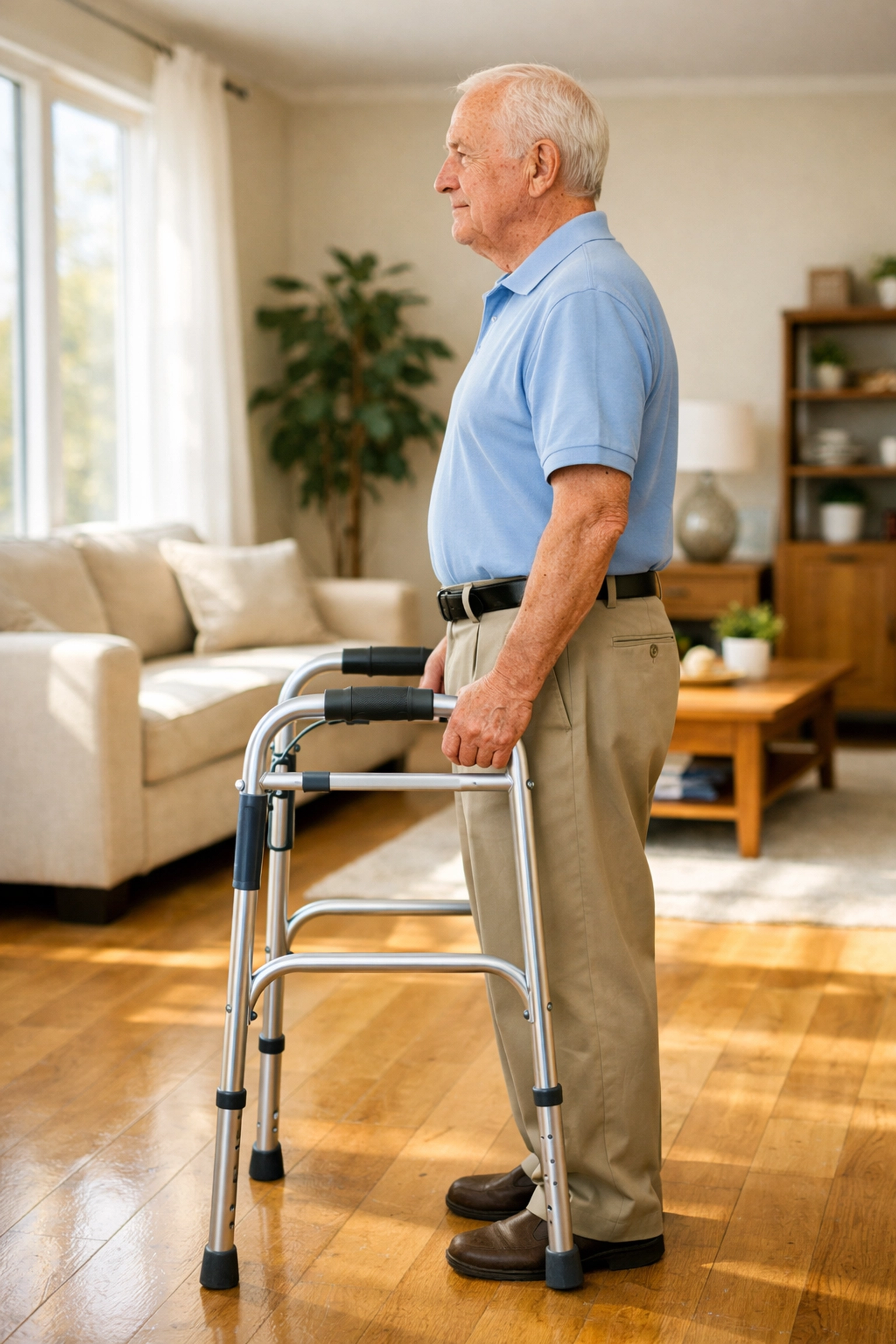 Senior man demonstrating correct walker height adjustment with handles at wrist level for stability.