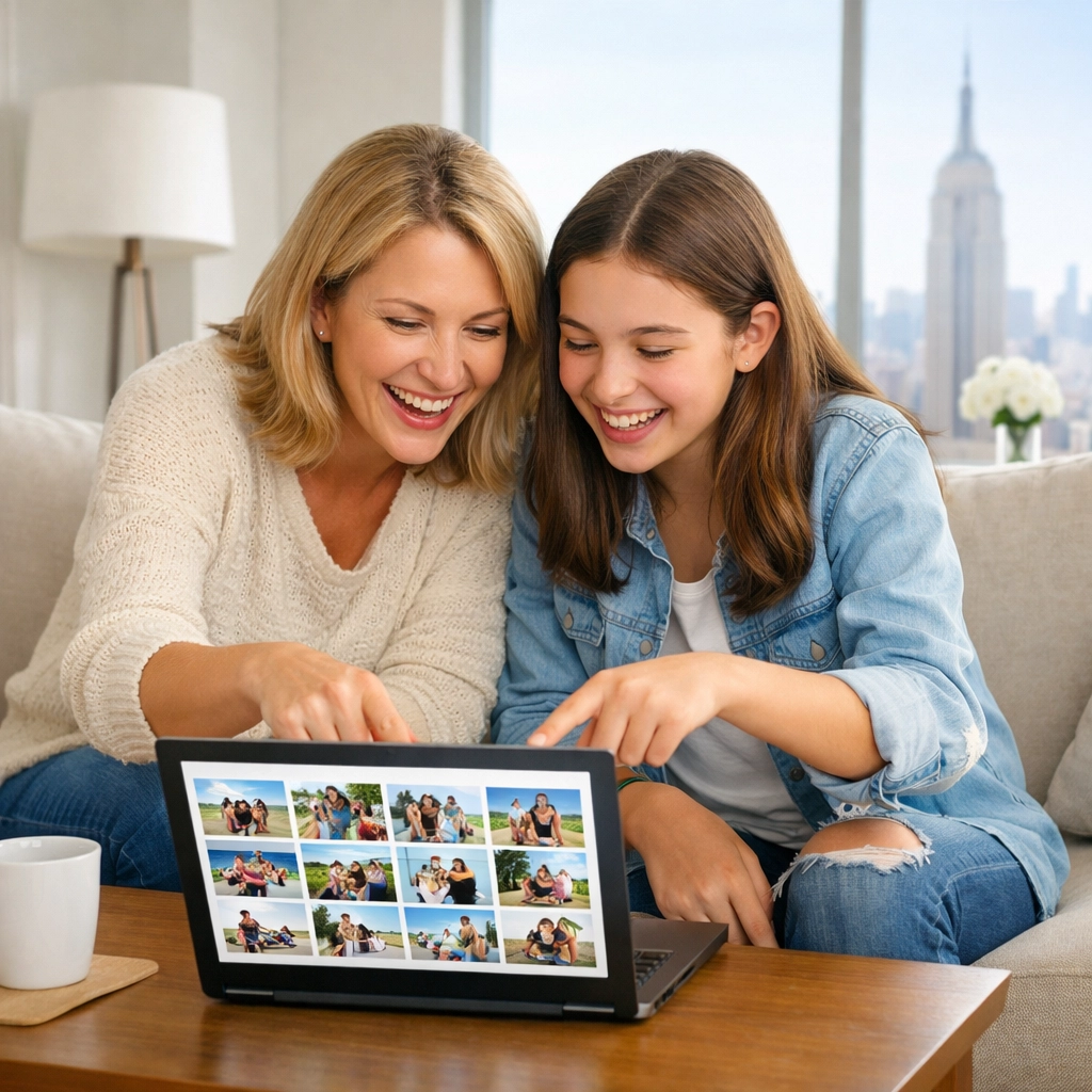 A New York family viewing an organized digital photo gallery on a laptop, showing photo joy.