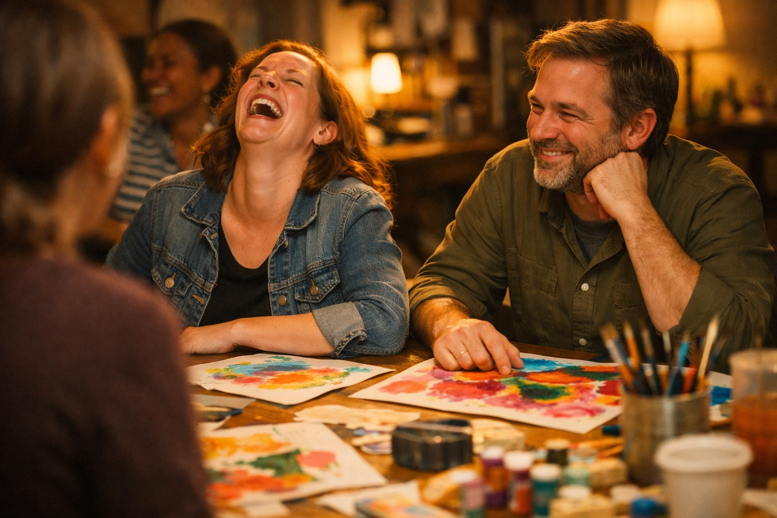Colleagues sharing a joyful moment during a team building art session for stress regulation.