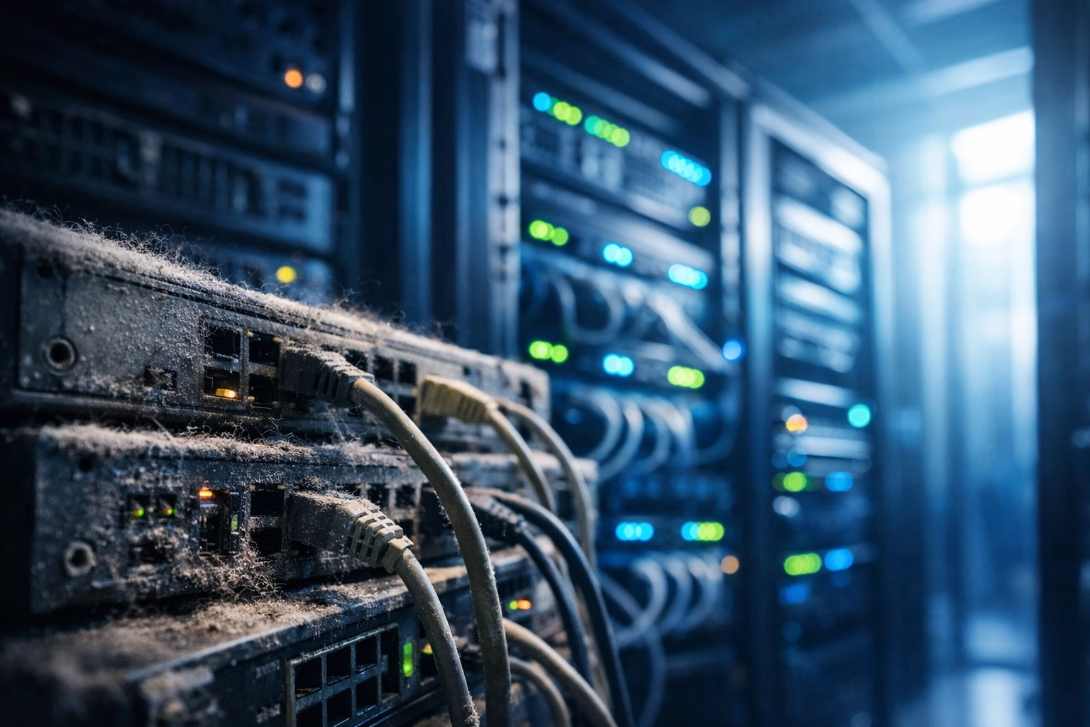 Aging server hardware next to modern IT infrastructure showing end-of-life equipment lifecycle