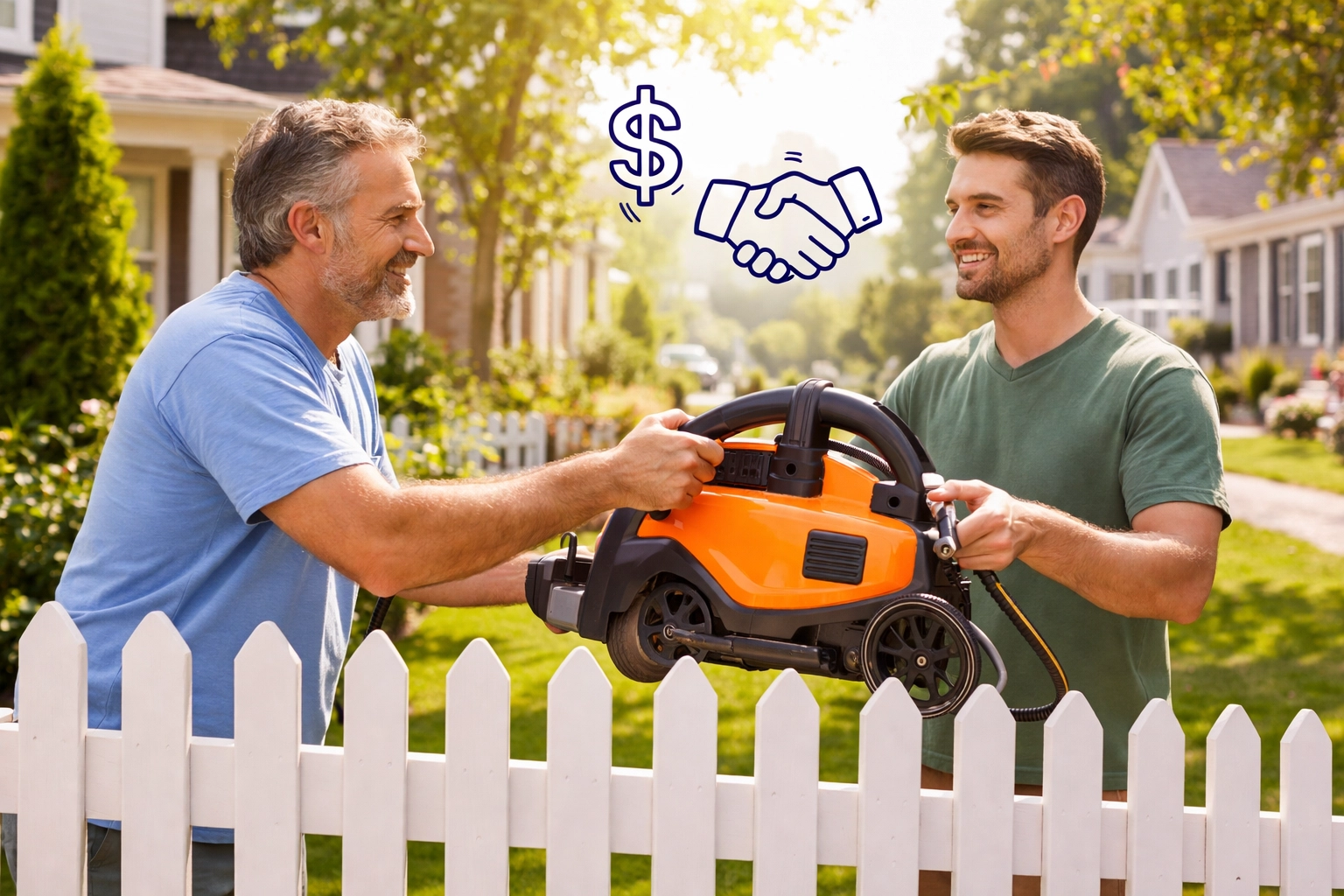 Two neighbors in a Boston neighborhood smiling as they exchange a rented power washer over a white fence, highlighting tool sharing.
