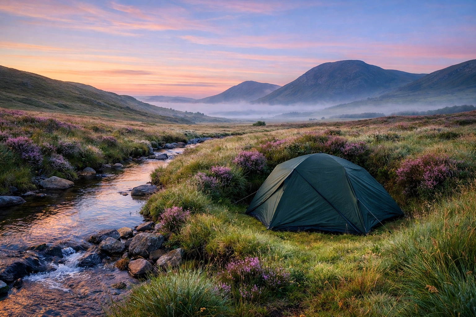 Discreet green tent pitched responsibly in the British wilderness for a camping adventure UK.
