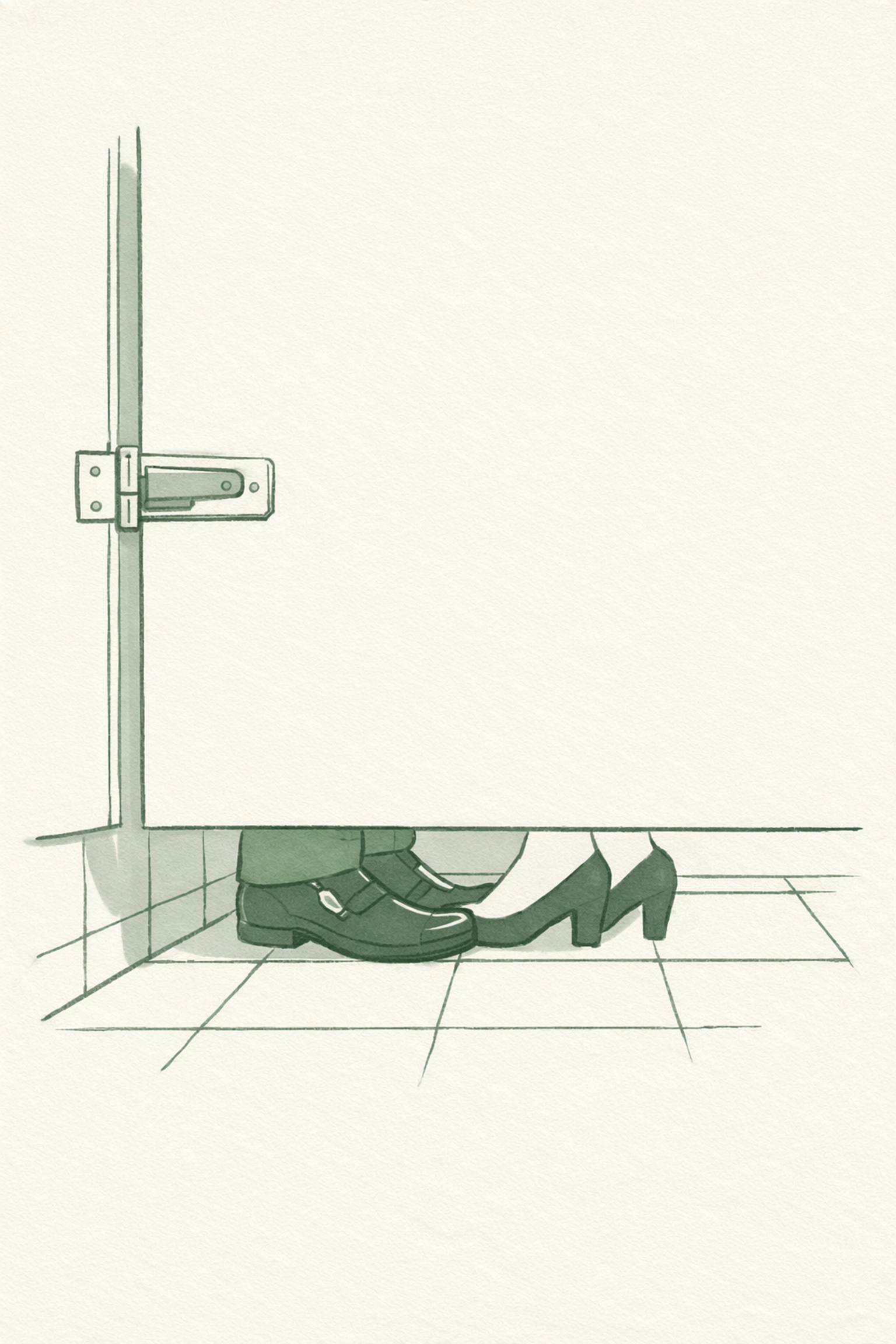 Airport restroom stall interior showing intimate proximity between two men during transient encounter