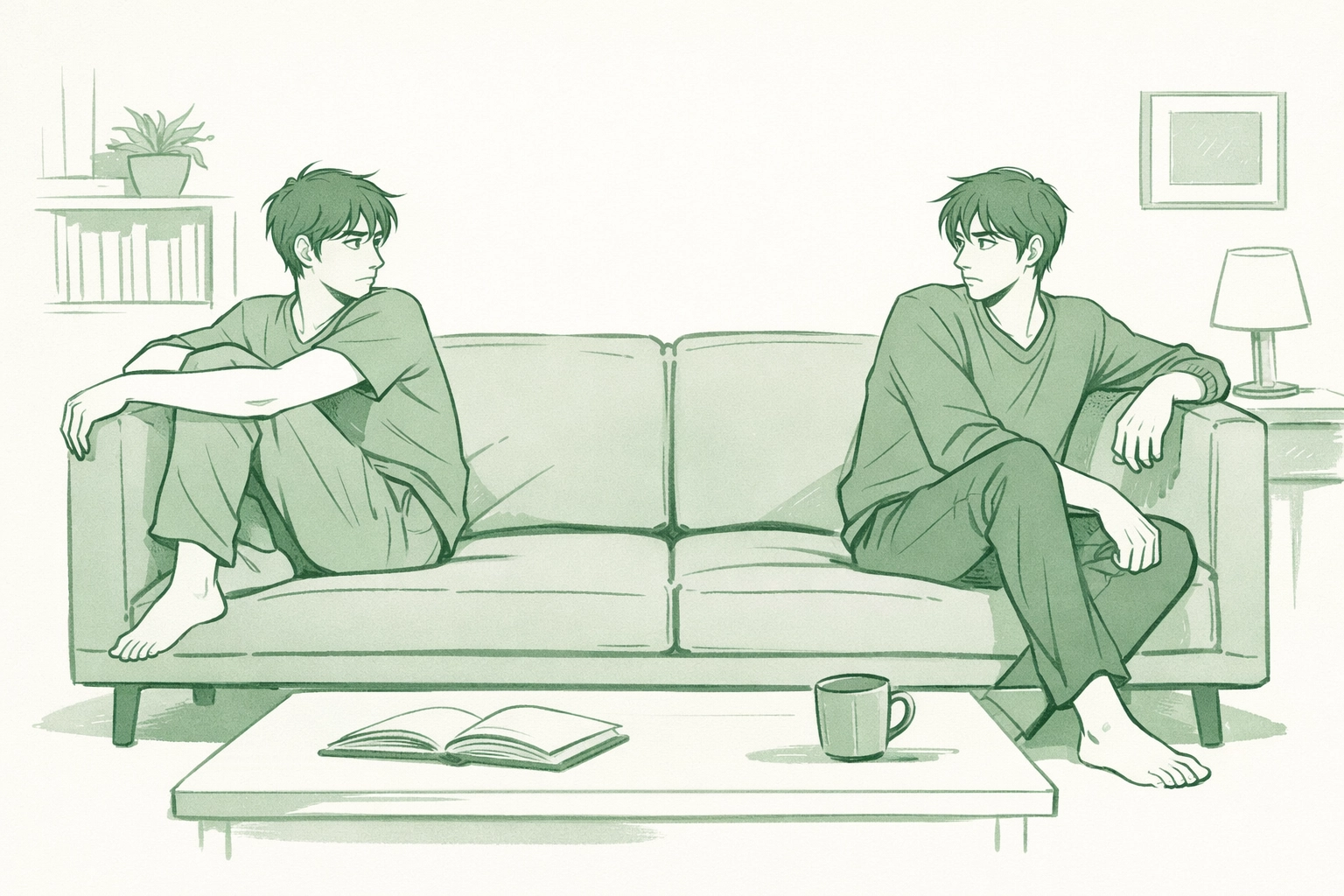 Step-brothers in MM romance sitting apart with longing glances - forbidden attraction