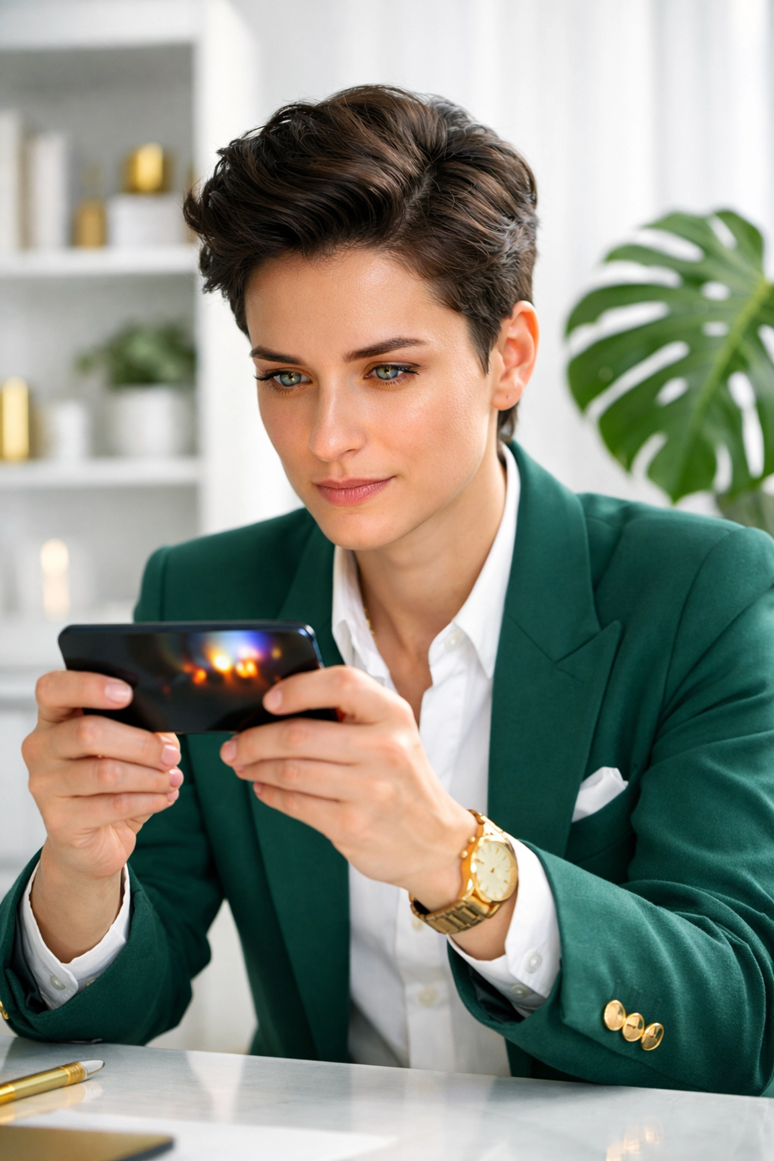 An entrepreneur engaged with video content on a smartphone, representing Instagram watch time metrics.